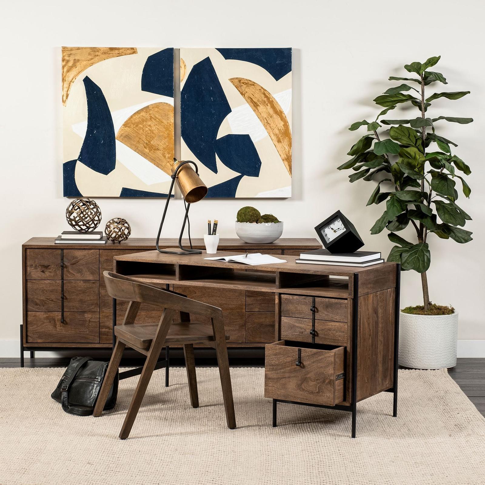 Mercana Glenn Dark Brown Wood w/ Black Iron Frame, 3 Drawer Office Desk