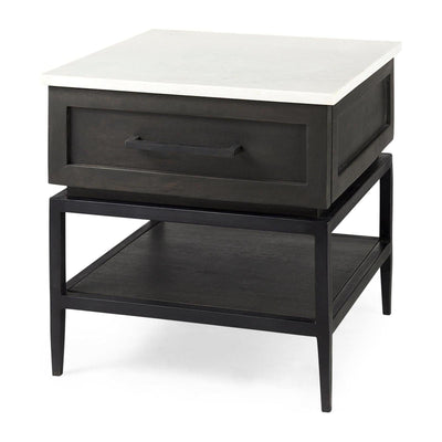 Mercana Divina Black-Brown Wood w/ White Marble Top and Black Metal Base 1 Drawer Side Table