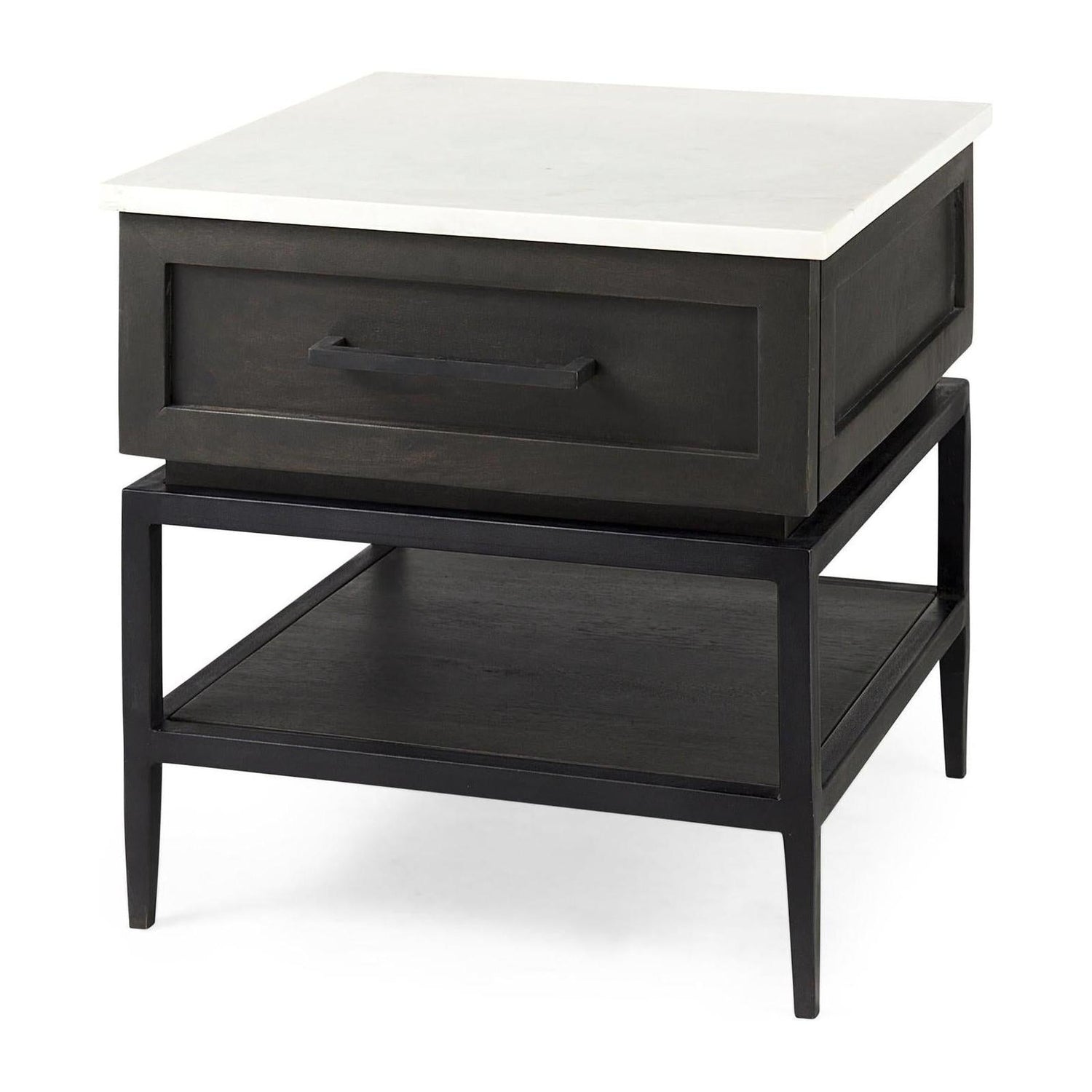 Mercana Divina Black-Brown Wood w/ White Marble Top and Black Metal Base 1 Drawer Side Table