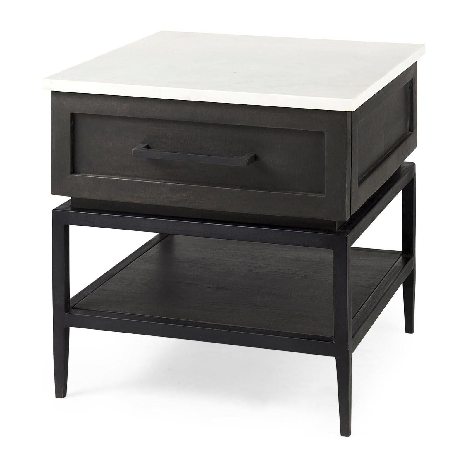 Mercana Divina Black-Brown Wood w/ White Marble Top and Black Metal Base 1 Drawer Side Table