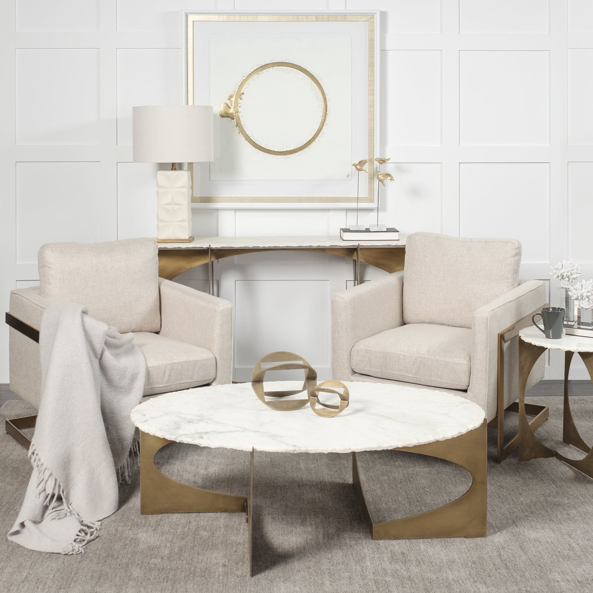 Mercana Reinhold IV White Marble Top Gold Metal Base Console Table