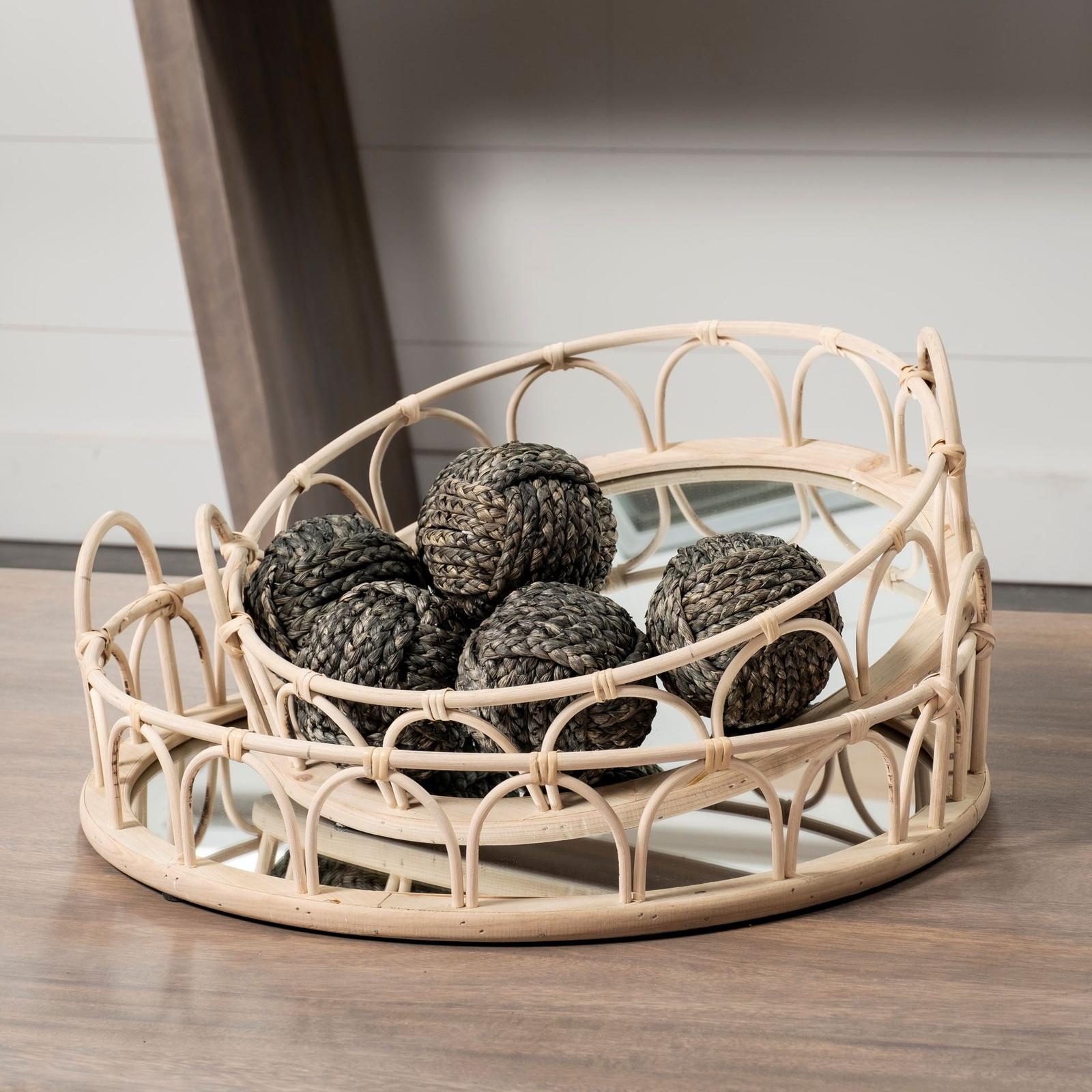 Mercana Leona Natural Wicker Woven Mirrored Base Nesting Trays- Set of 2 Clearance