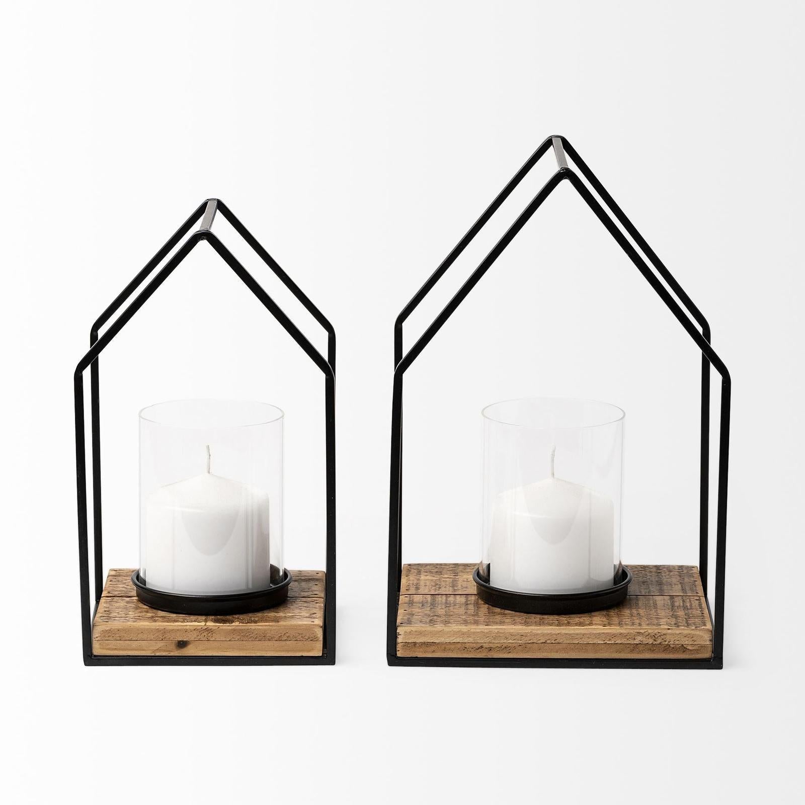 Mercana Leopold Black Metal Wooden Base Table Candle Holders - Set of 2