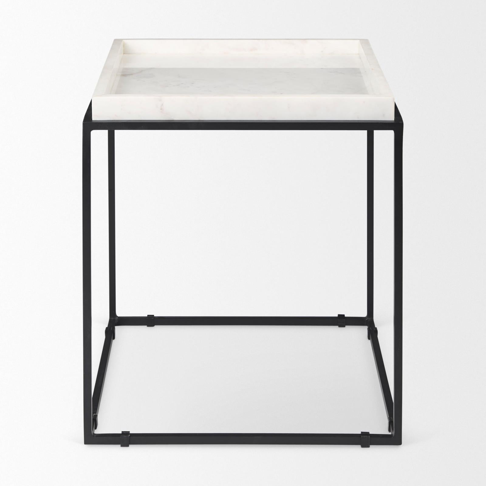 Mercana Nathan Square Top White Marble and Black Metal End/Side Table Clearance