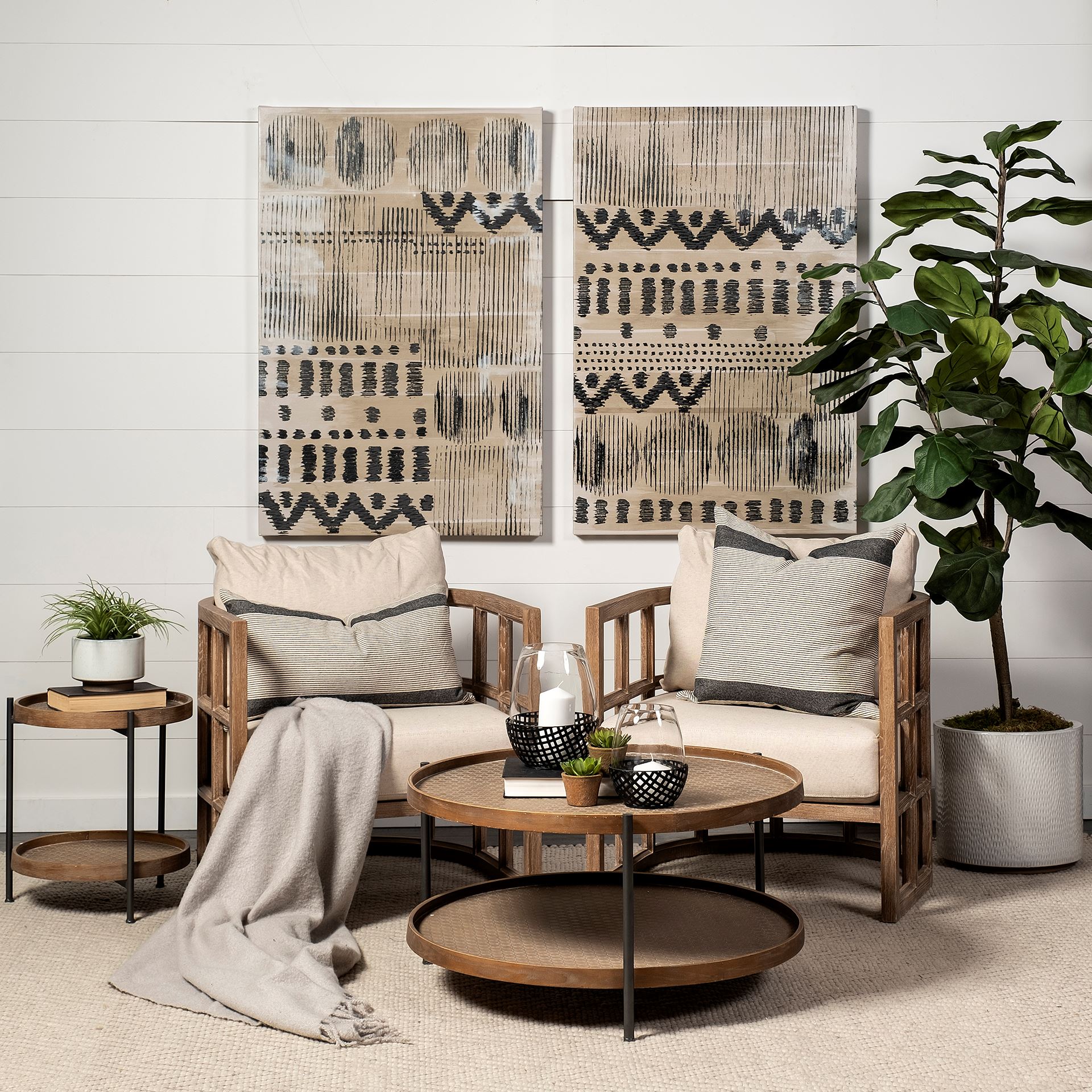 Mercana Kade Round Brown Table Gray Metal Frame Two-Tier Coffee Table