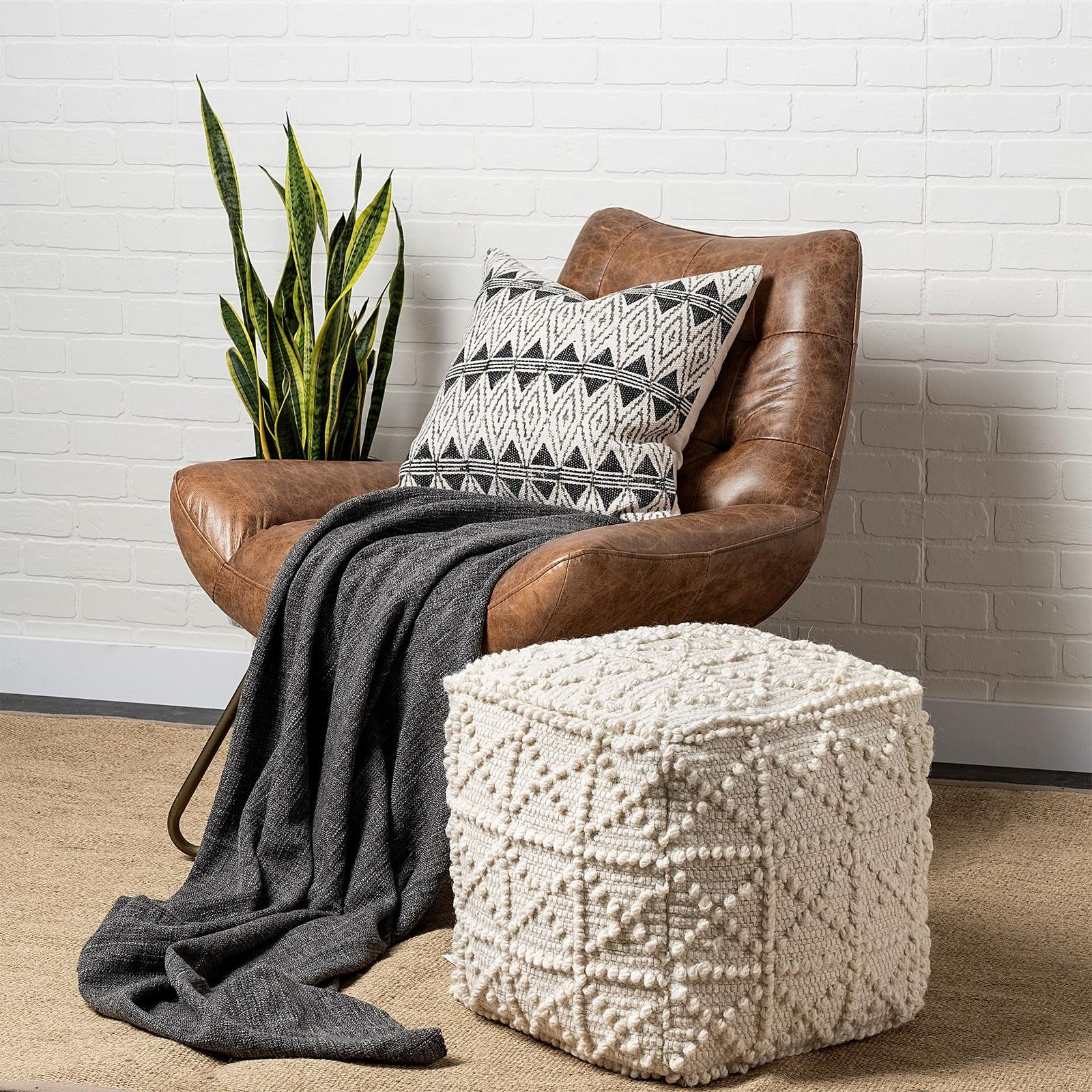 Mercana Leroy Square Cream Wool Pouf w/ Popcorn Detail