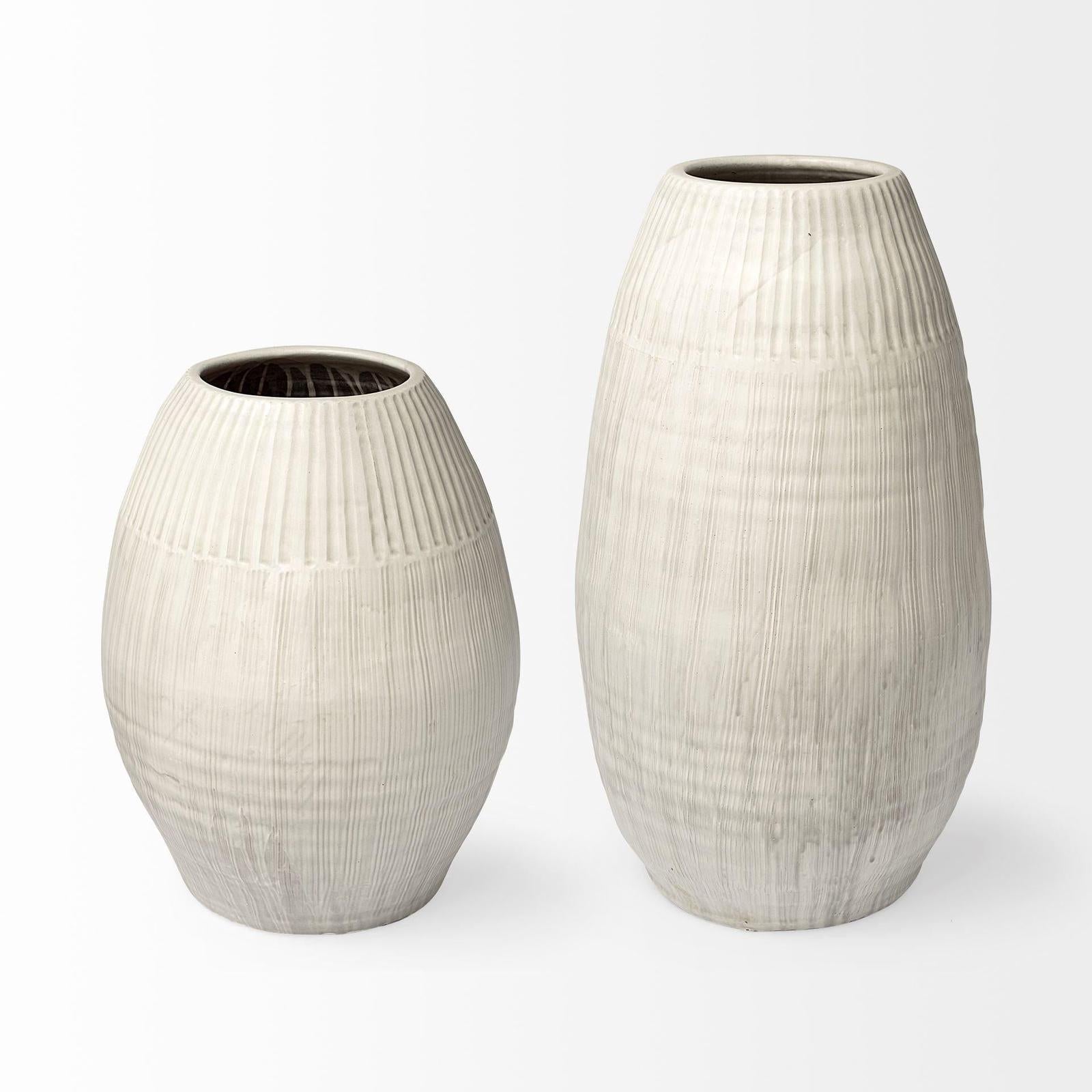 Mercana Reyan Pearl White Ceramic Striped Vase