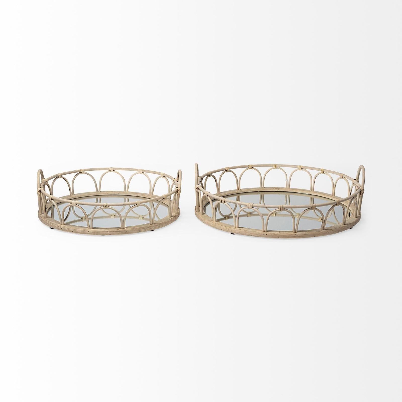 Mercana Leona Natural Wicker Woven Mirrored Base Nesting Trays- Set of 2 Clearance