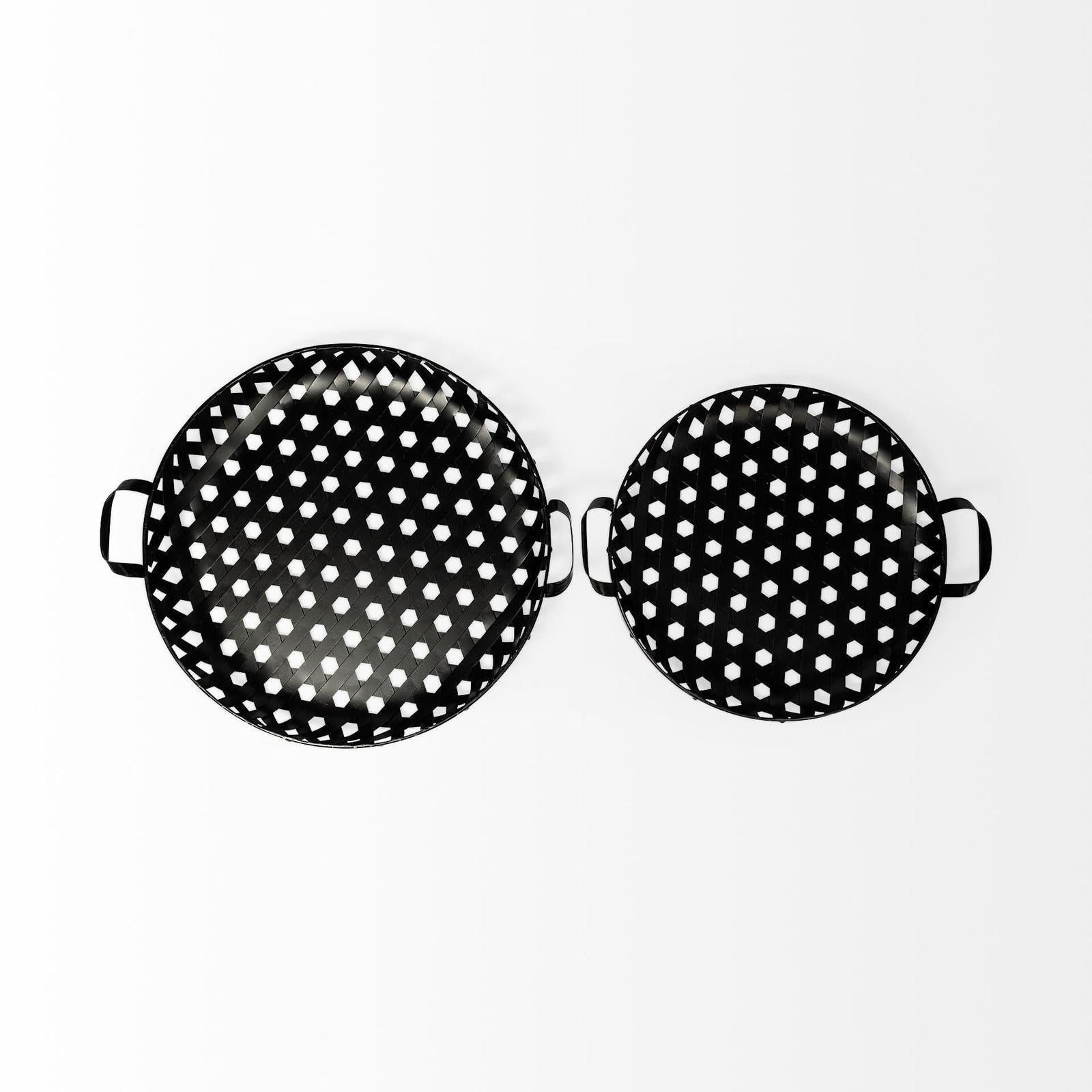 Mercana Lito Black Woven Metal Round Serving Trays- Set of 2
