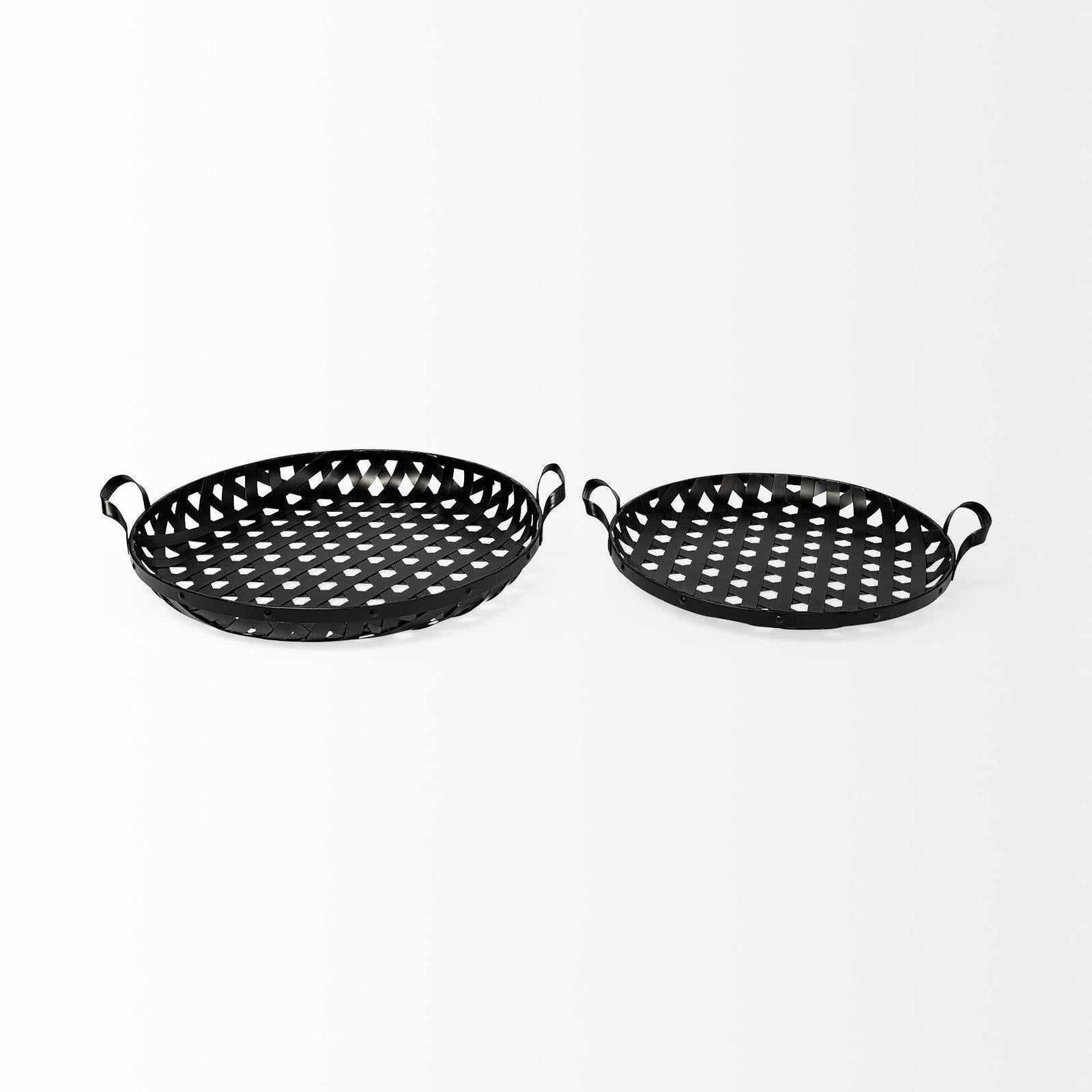 Mercana Lito Black Woven Metal Round Serving Trays- Set of 2