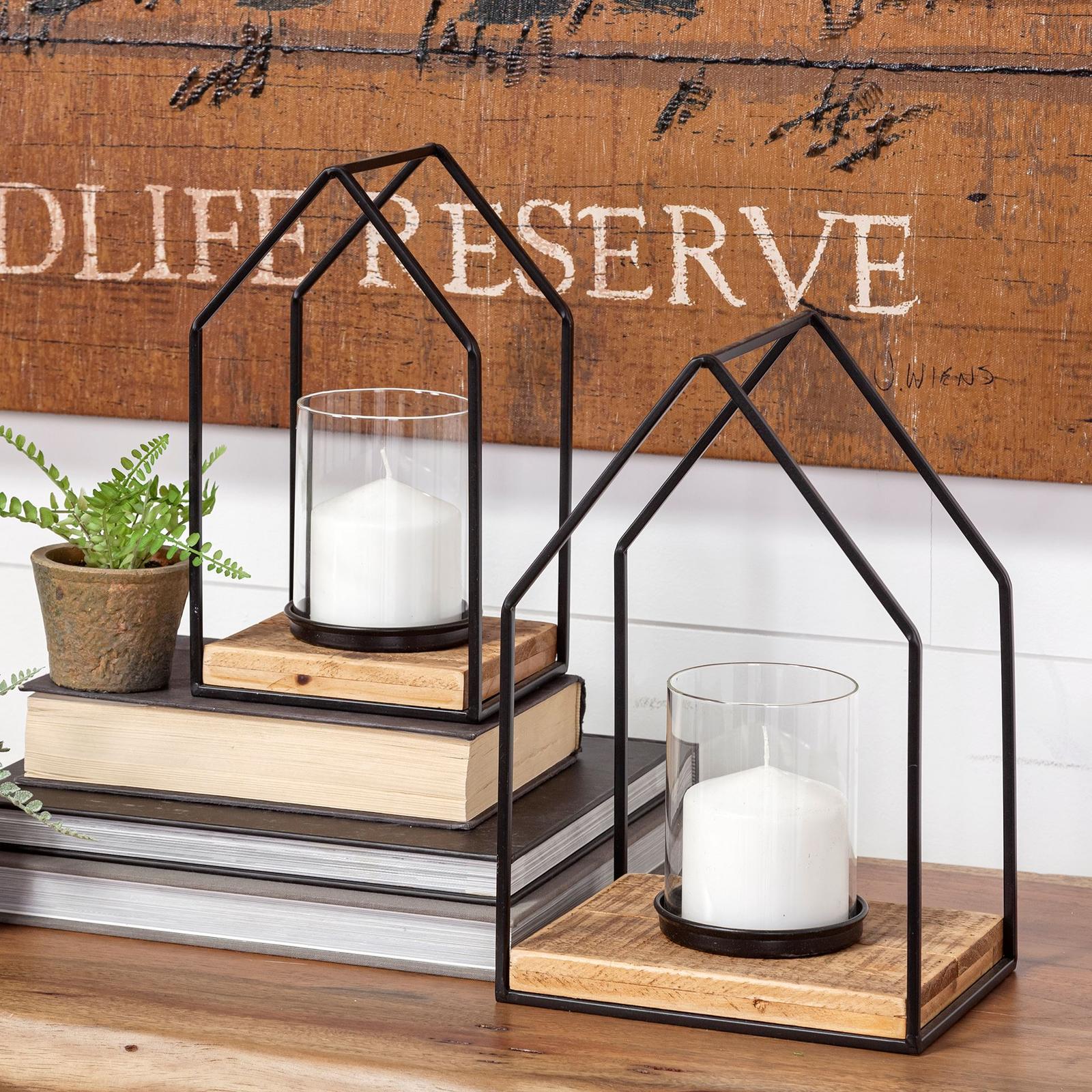 Mercana Leopold Black Metal Wooden Base Table Candle Holders - Set of 2
