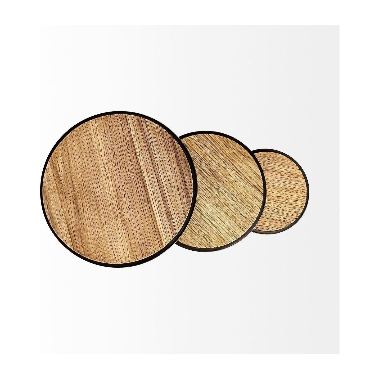 Mercana Glover Brown Wood Round Top W/Metal Nesting Accent Tables-Set of 3