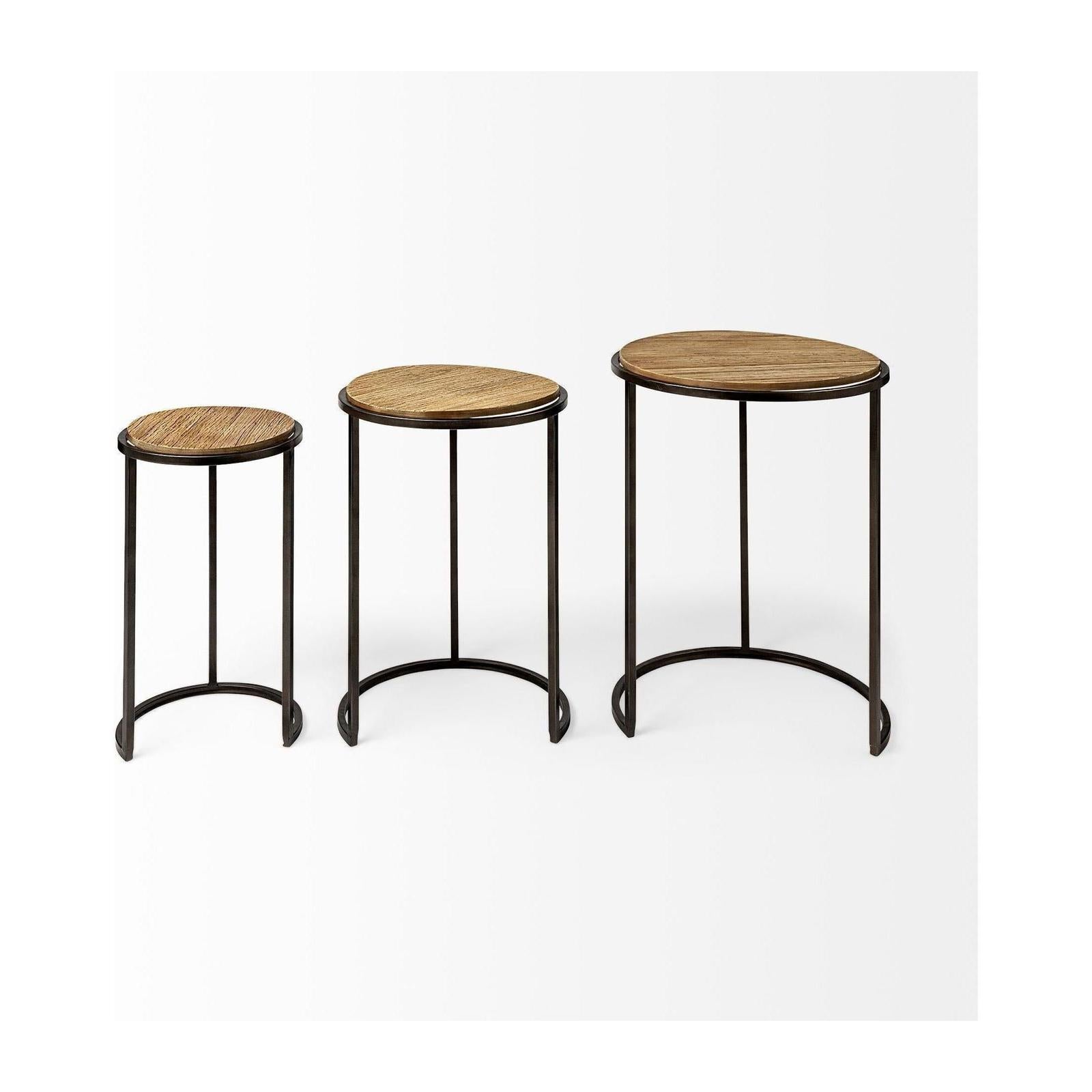Mercana Glover Brown Wood Round Top W/Metal Nesting Accent Tables-Set of 3