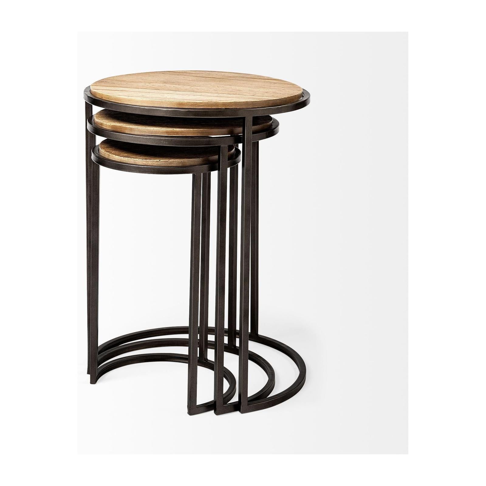 Mercana Glover Brown Wood Round Top W/Metal Nesting Accent Tables-Set of 3