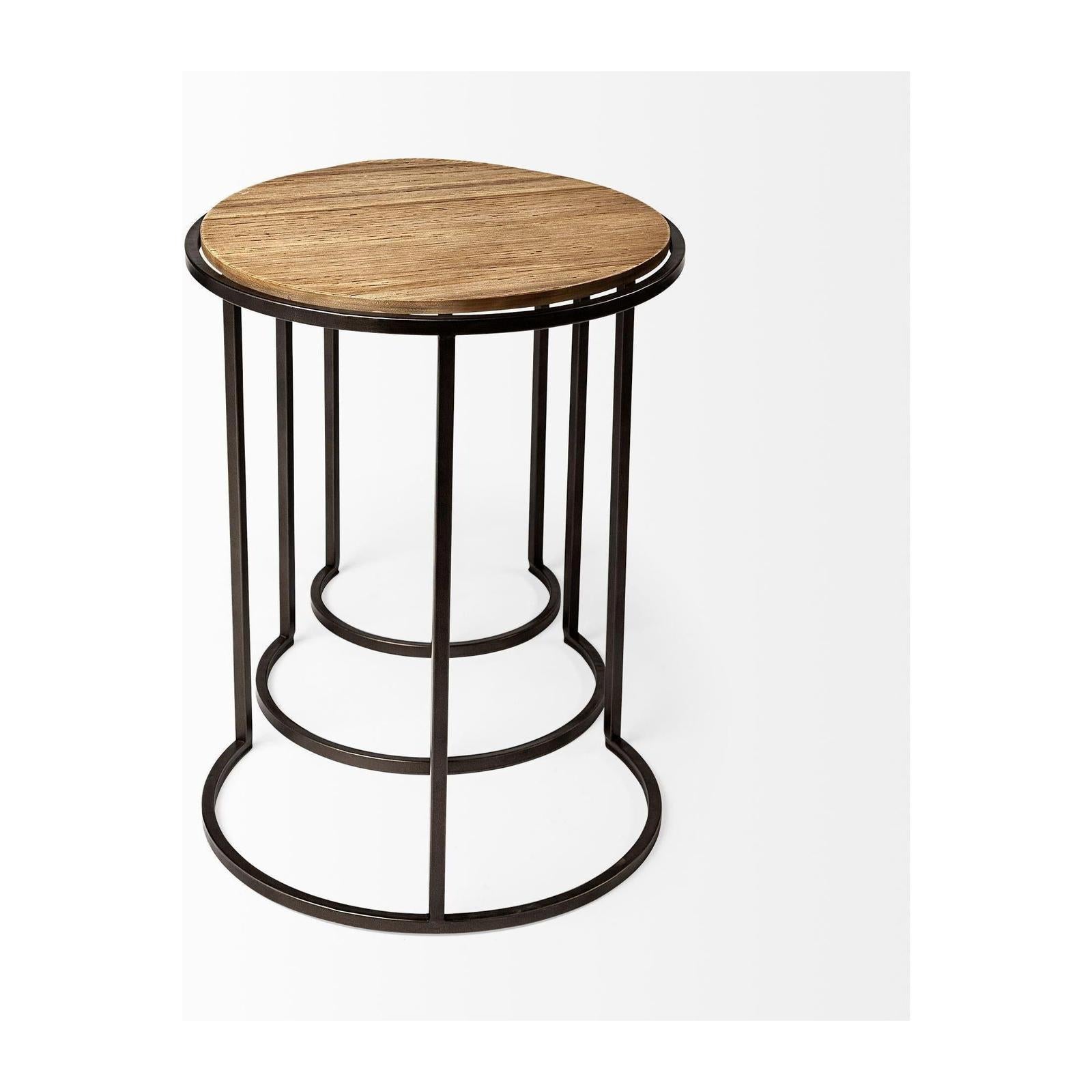 Mercana Glover Brown Wood Round Top W/Metal Nesting Accent Tables-Set of 3