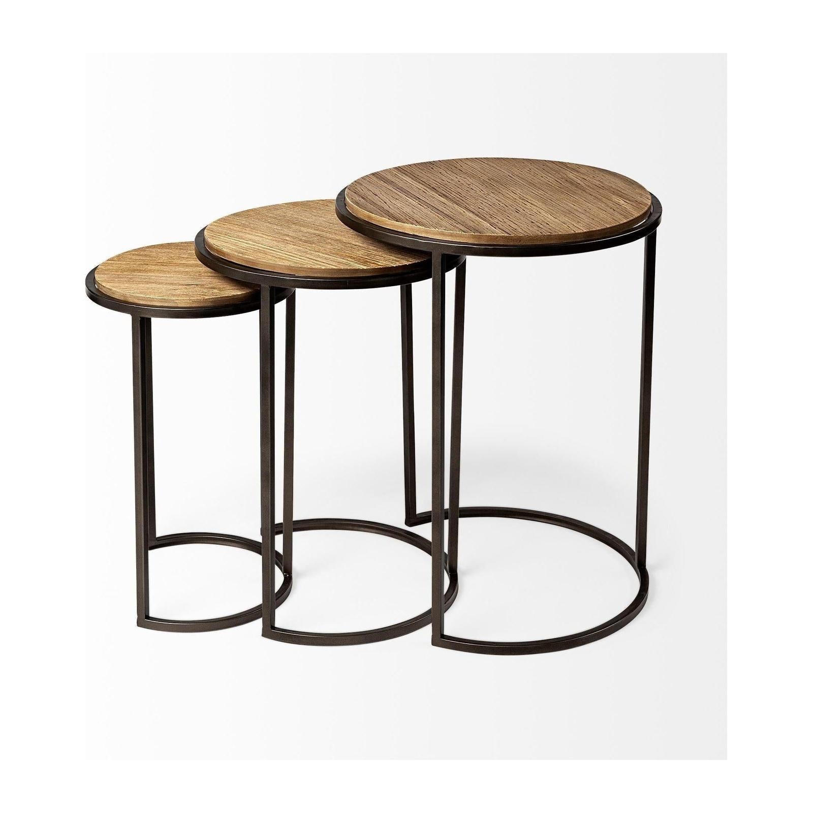 Mercana Glover Brown Wood Round Top W/Metal Nesting Accent Tables-Set of 3