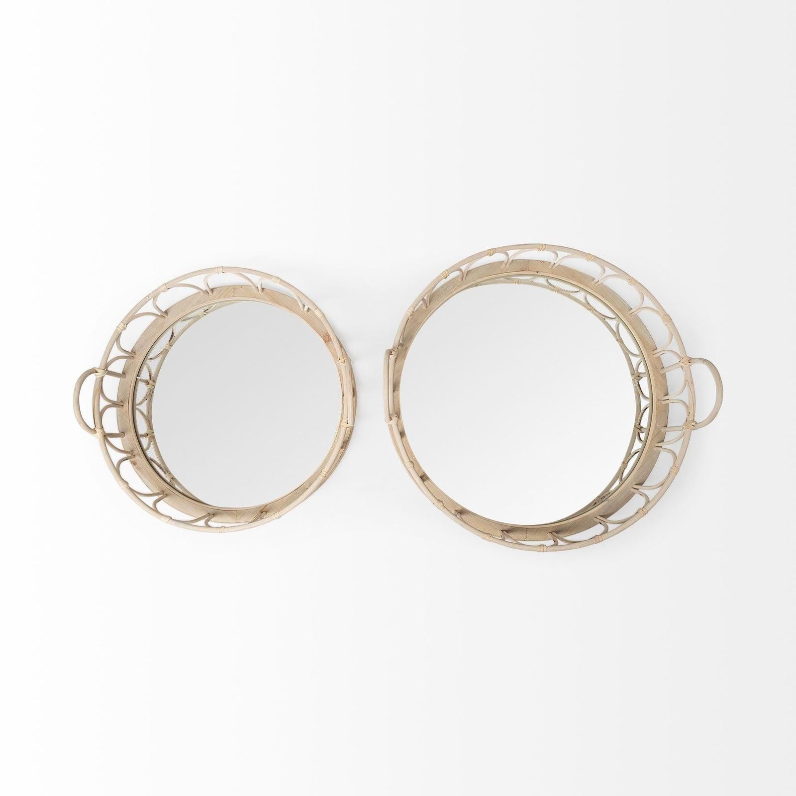 Mercana Leona Natural Wicker Woven Mirrored Base Nesting Trays- Set of 2 Clearance