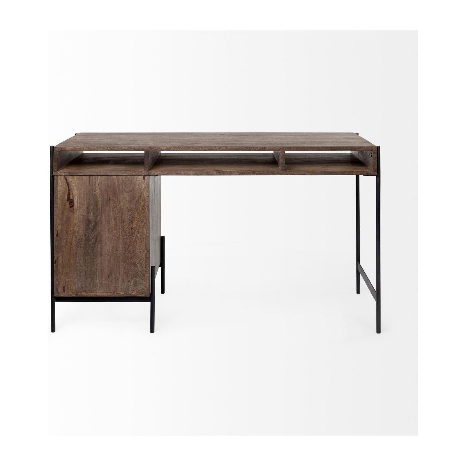 Mercana Glenn Dark Brown Wood w/ Black Iron Frame, 3 Drawer Office Desk