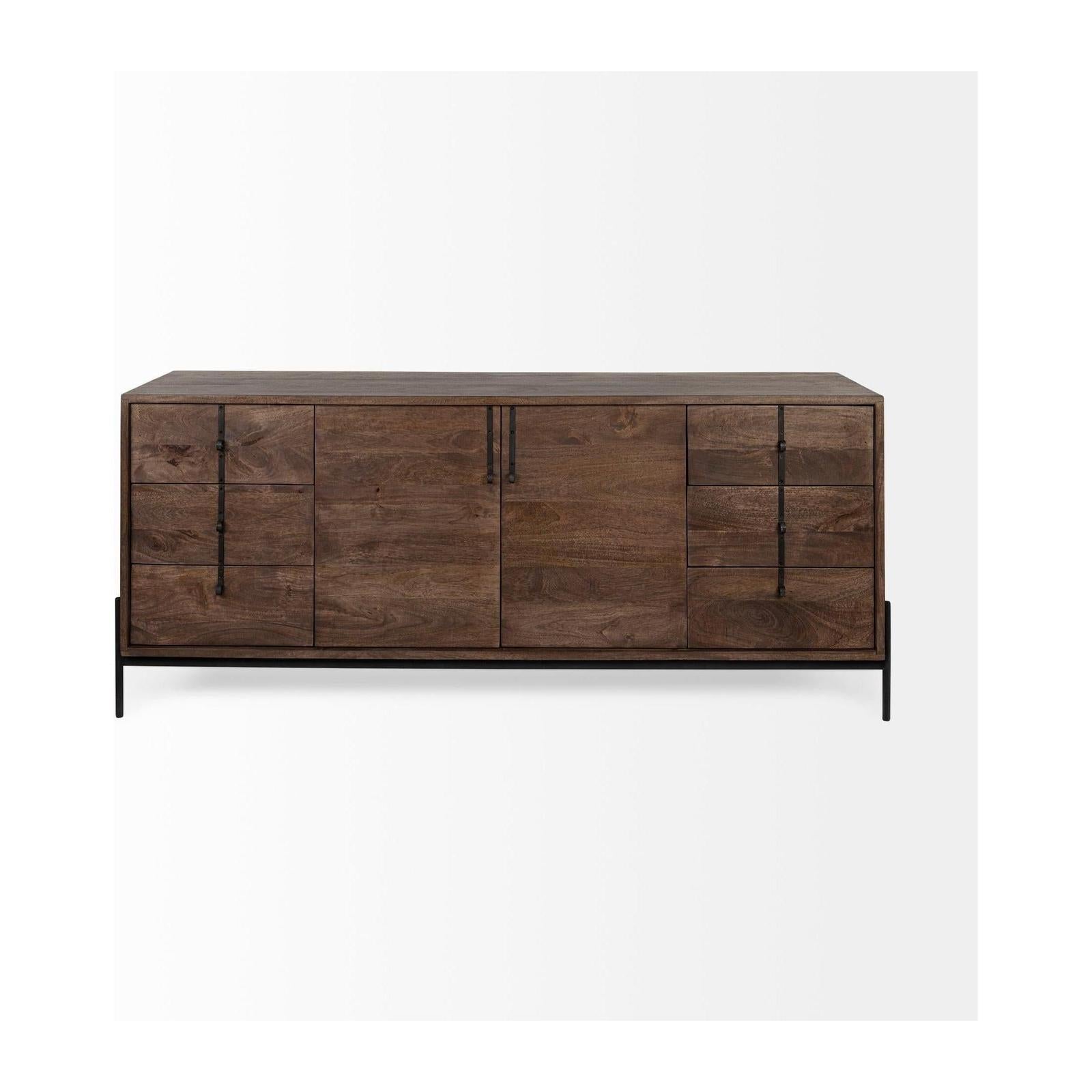 Mercana Glenn Dark Brown Wood Frame w/ Black Iron Accent, 6 Drawer, 2 Door Cabinet Sideboard