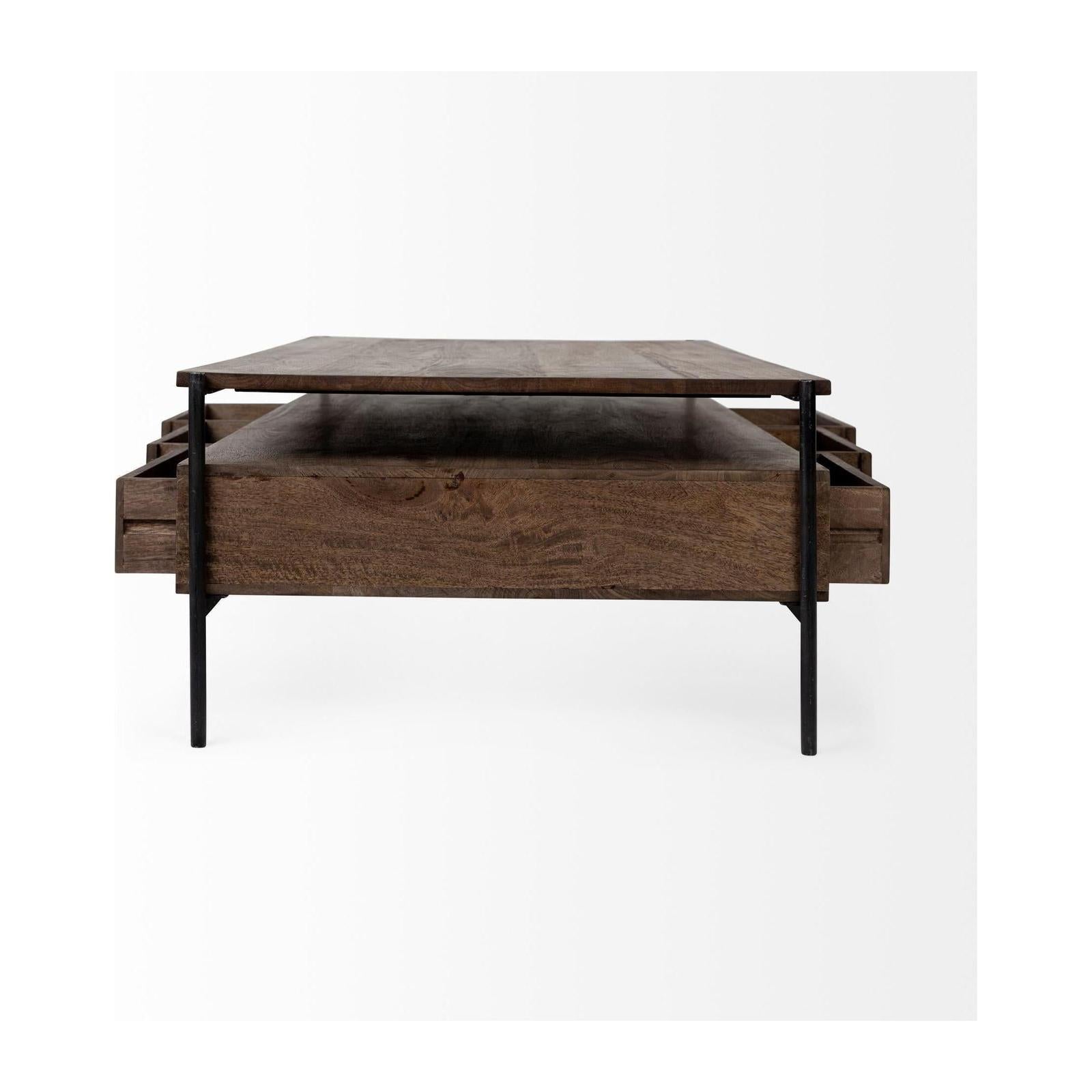 Mercana Glenn Dark Brown Wood w/ Black Iron Frame, Rectangle 3 Drawers Coffee Table