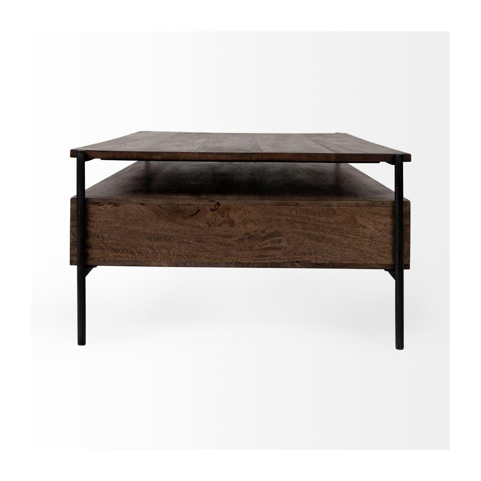Mercana Glenn Dark Brown Wood w/ Black Iron Frame, Rectangle 3 Drawers Coffee Table