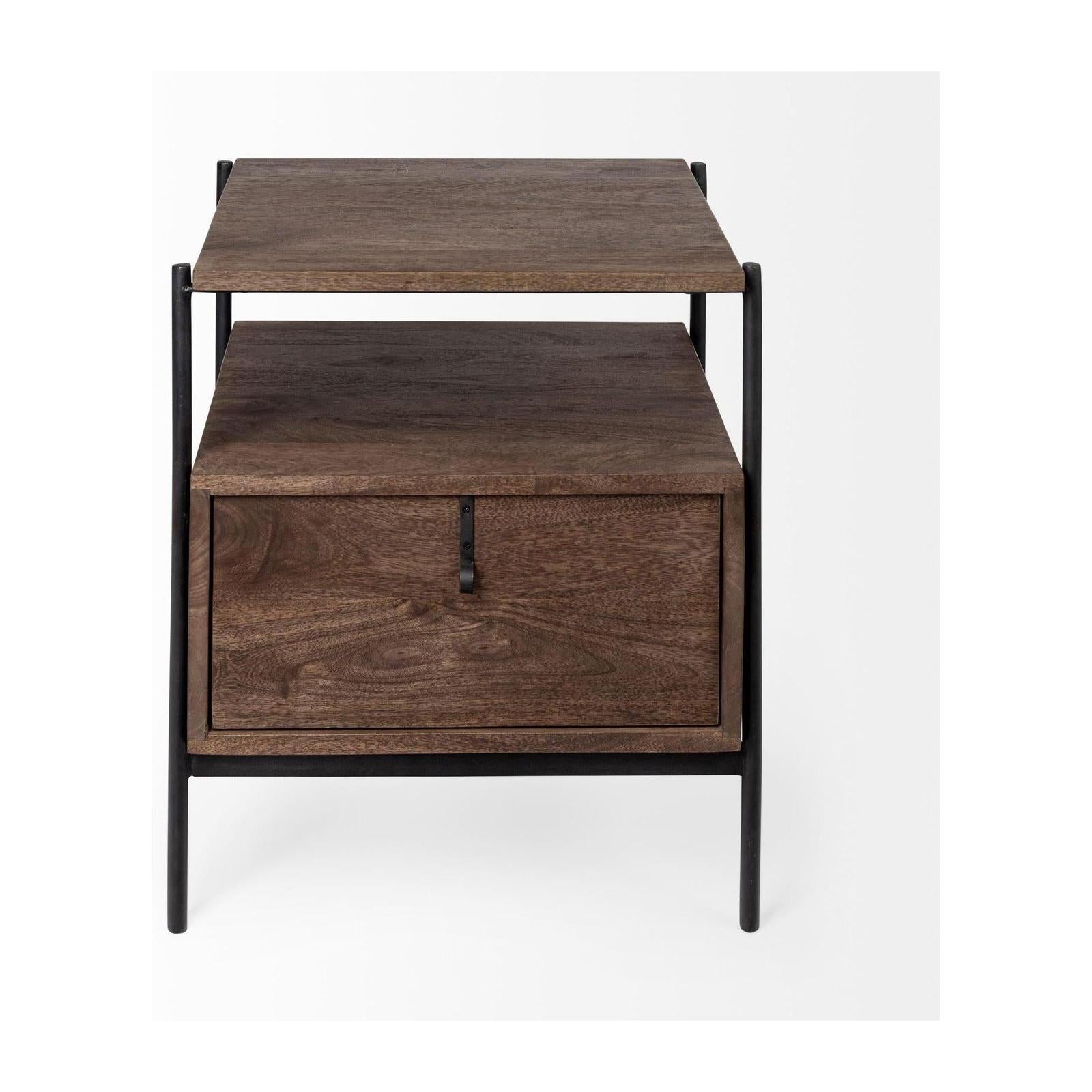 Mercana Glenn Dark Brown Wood w/ Black Iron Frame Square End/Side Table