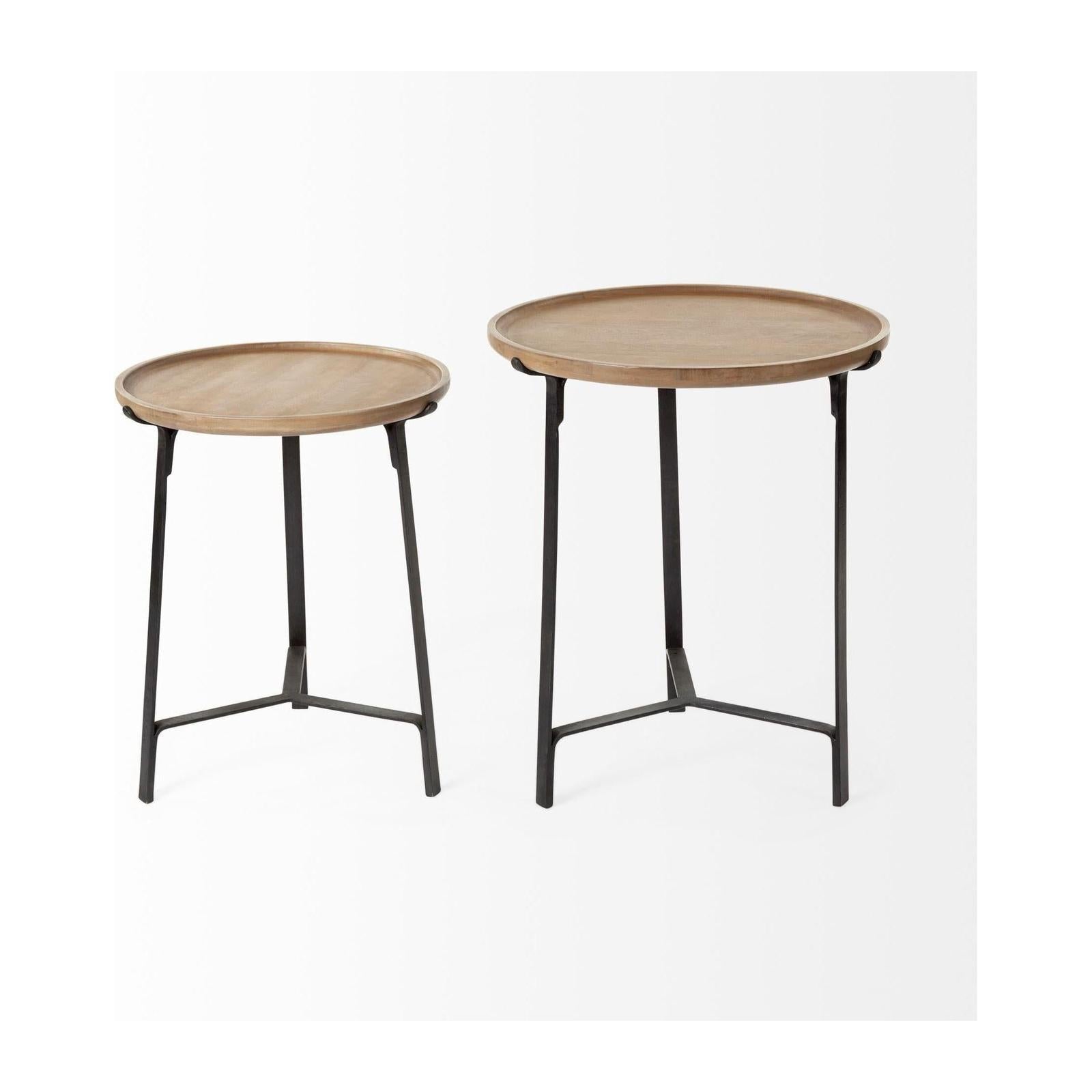Mercana Helios Round Brown Solid Wood Iron Base Nesting End/Side Tables - Set of 2