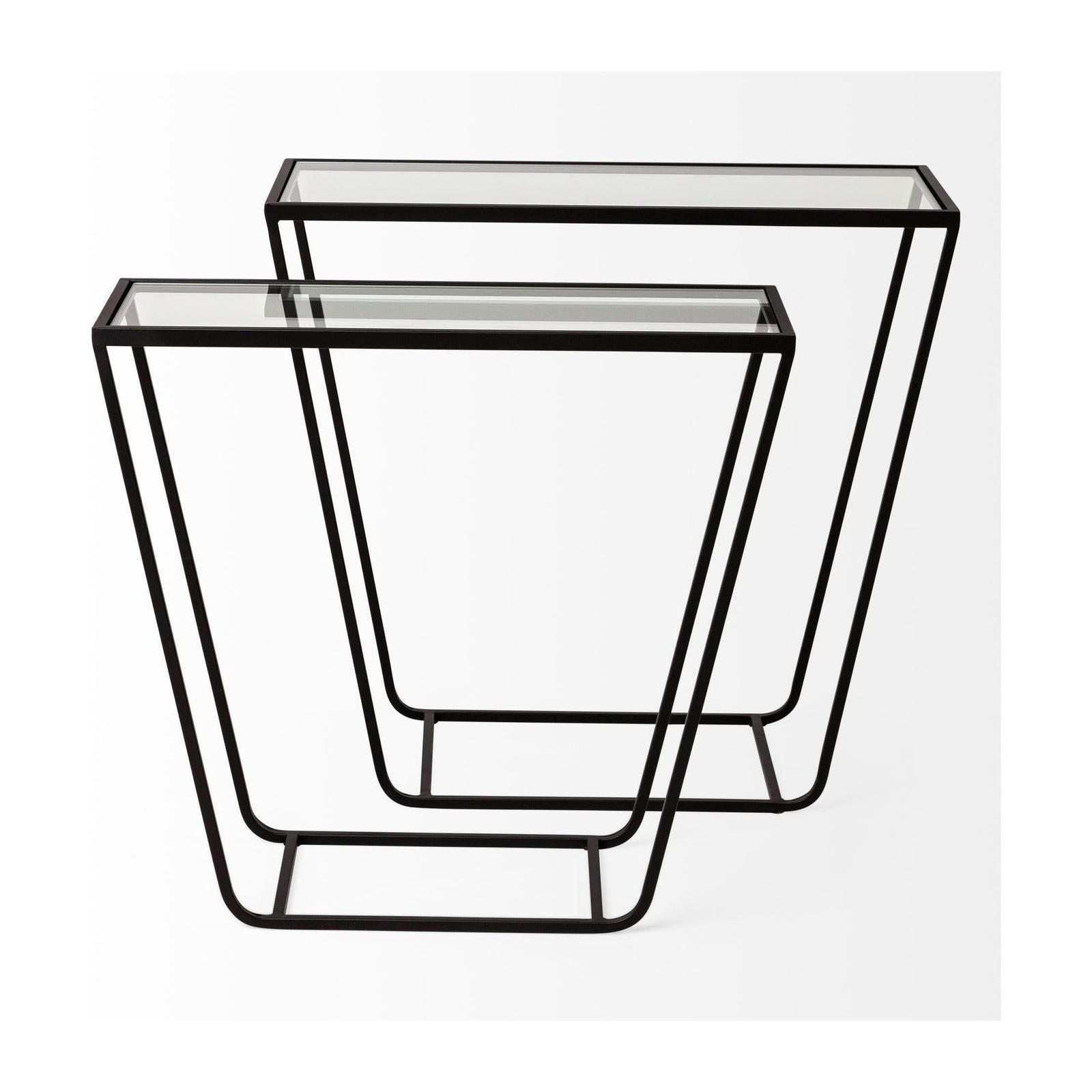 Mercana Arya Black Rectangular Glass Top Iron Frame Accent Table- Set of 2