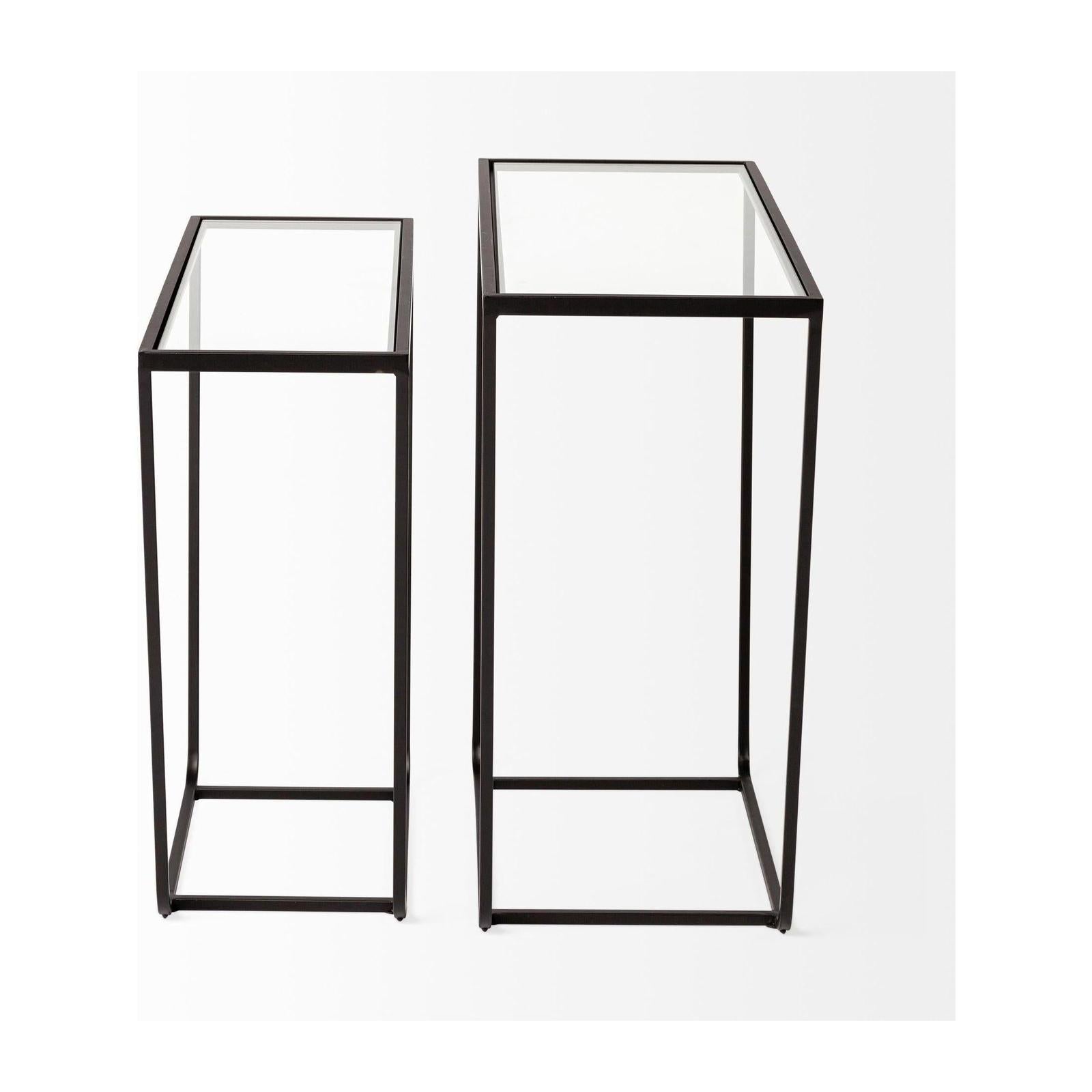 Mercana Arya Black Rectangular Glass Top Iron Frame Accent Table- Set of 2