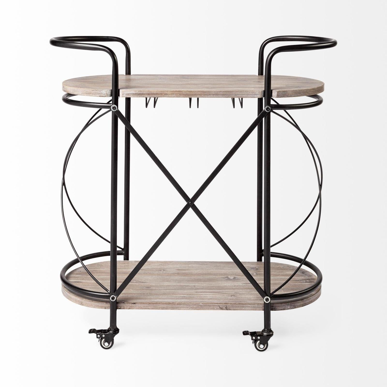 Mercana Marlon Black Metal Frame Two Tier Shelves w/Stemware Holder Bar Cart Clearance