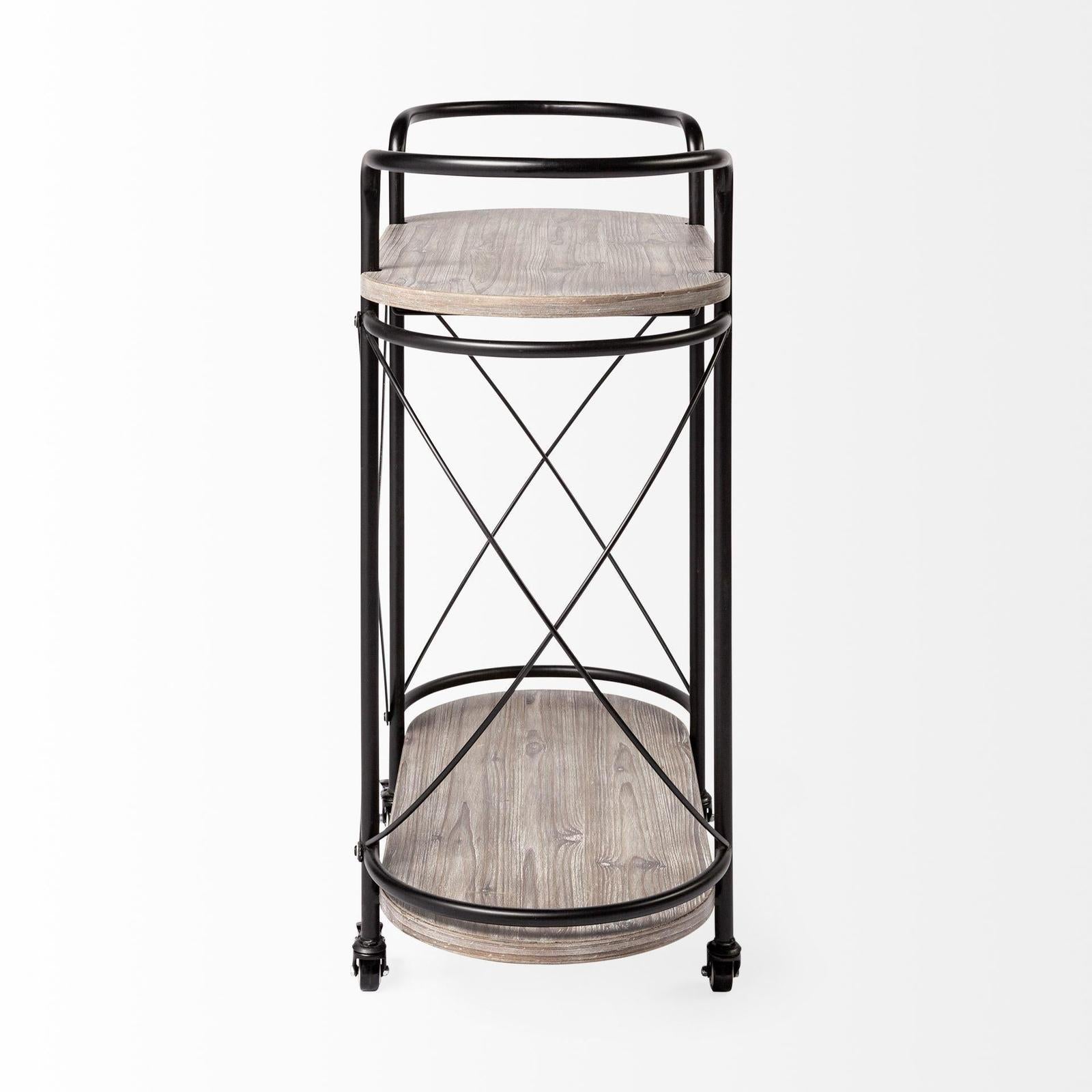 Mercana Marlon Black Metal Frame Two Tier Shelves w/Stemware Holder Bar Cart Clearance