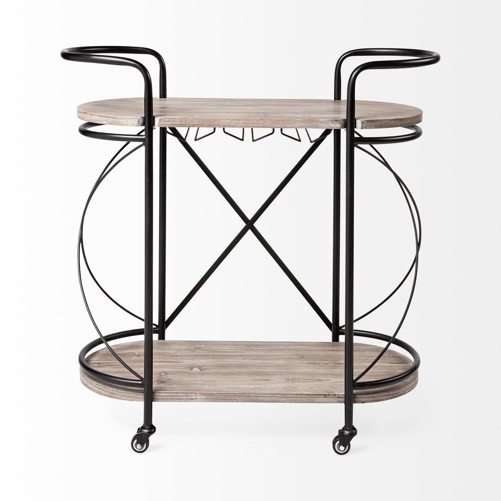 Mercana Marlon Black Metal Frame Two Tier Shelves w/Stemware Holder Bar Cart Clearance