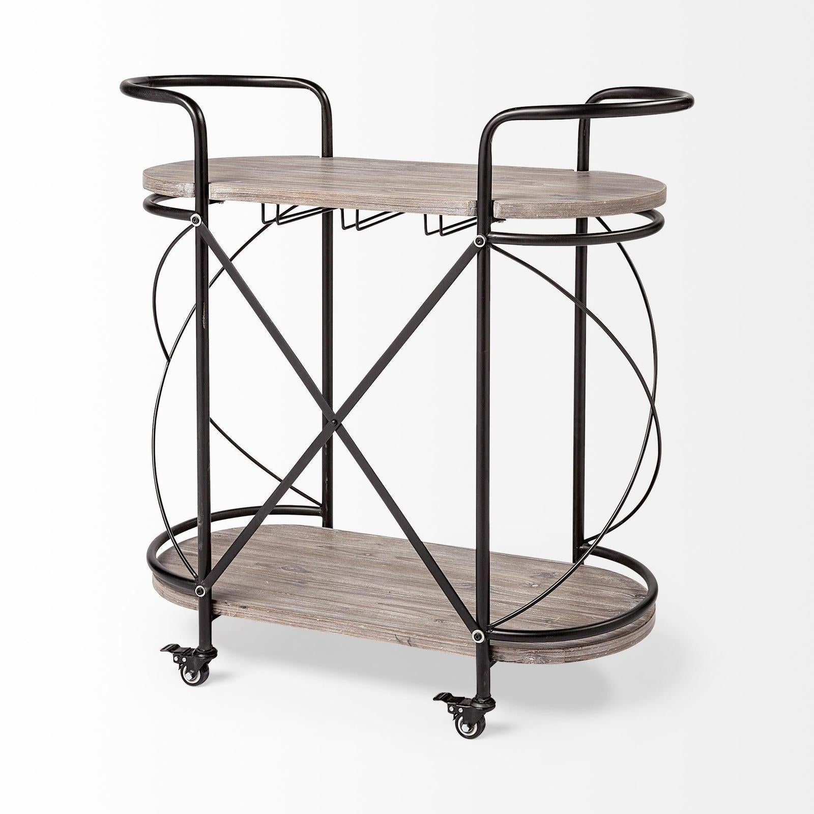 Mercana Marlon Black Metal Frame Two Tier Shelves w/Stemware Holder Bar Cart Clearance
