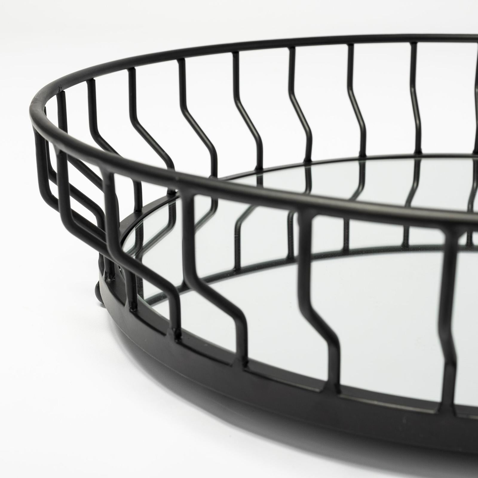 Mercana Helena Black Metal Mirrored Bottom Round Serving Tray