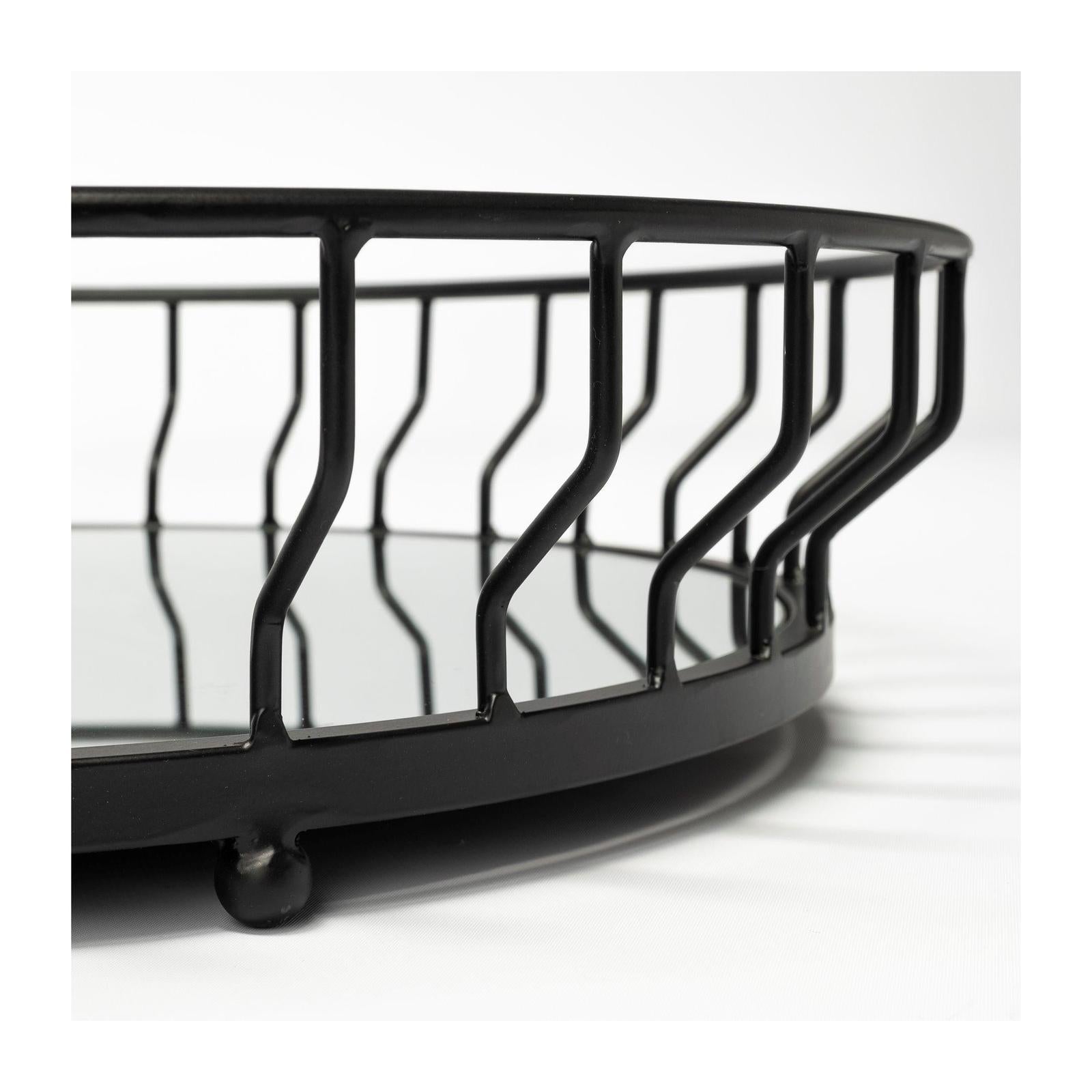 Mercana Helena Black Metal Mirrored Bottom Round Serving Tray