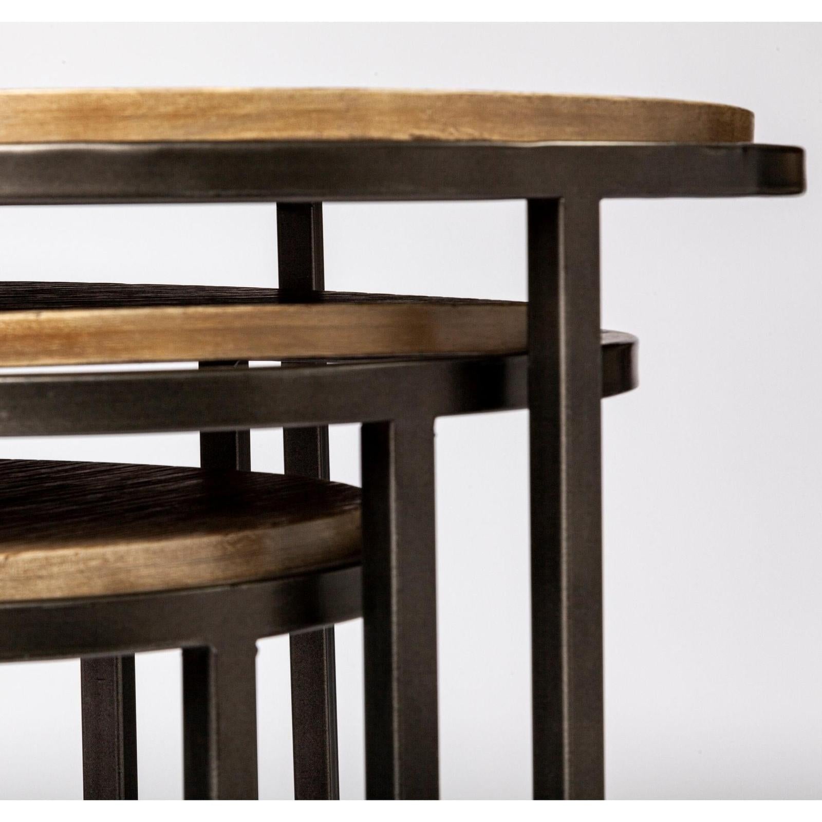 Mercana Glover Brown Wood Round Top W/Metal Nesting Accent Tables-Set of 3