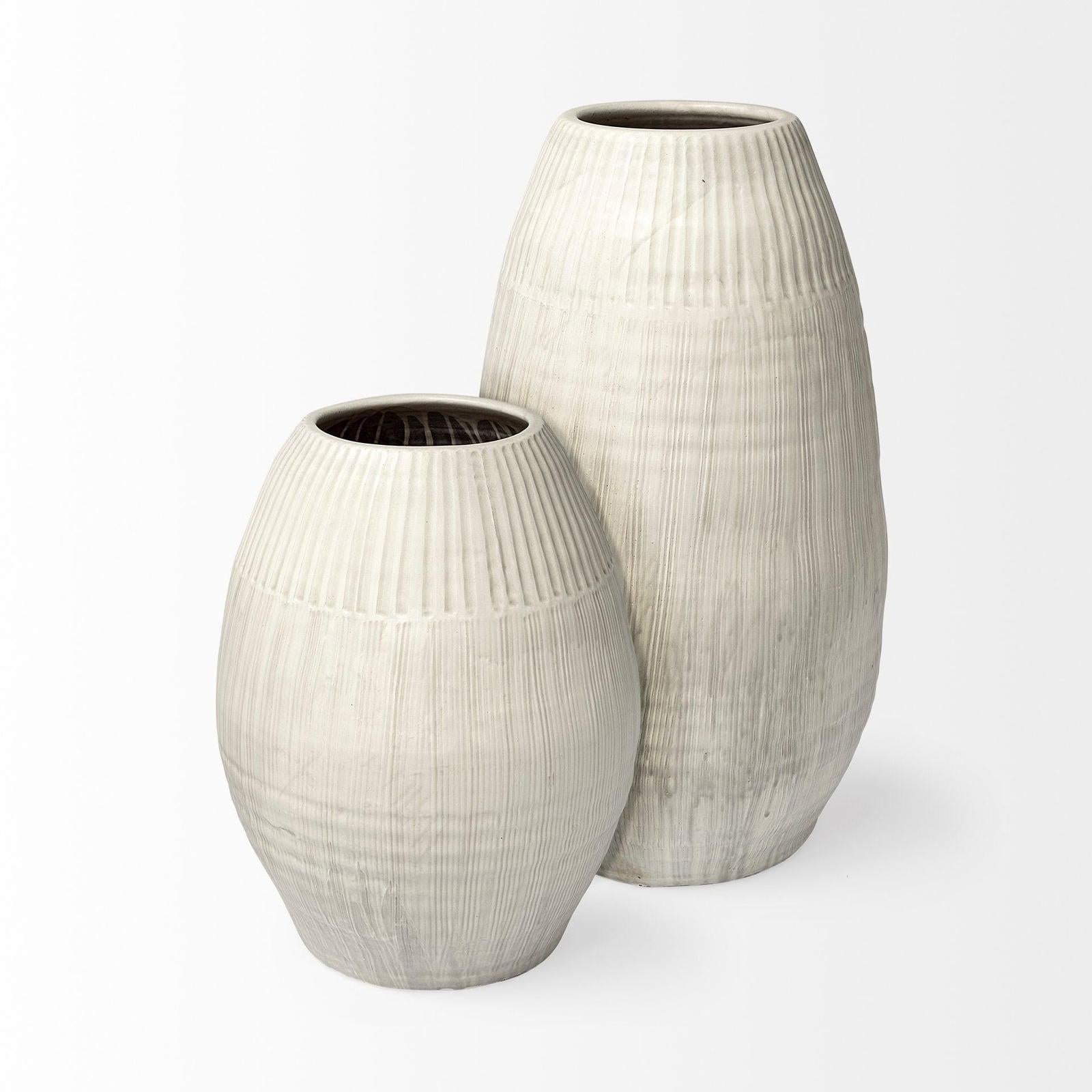 Mercana Reyan Pearl White Ceramic Striped Vase