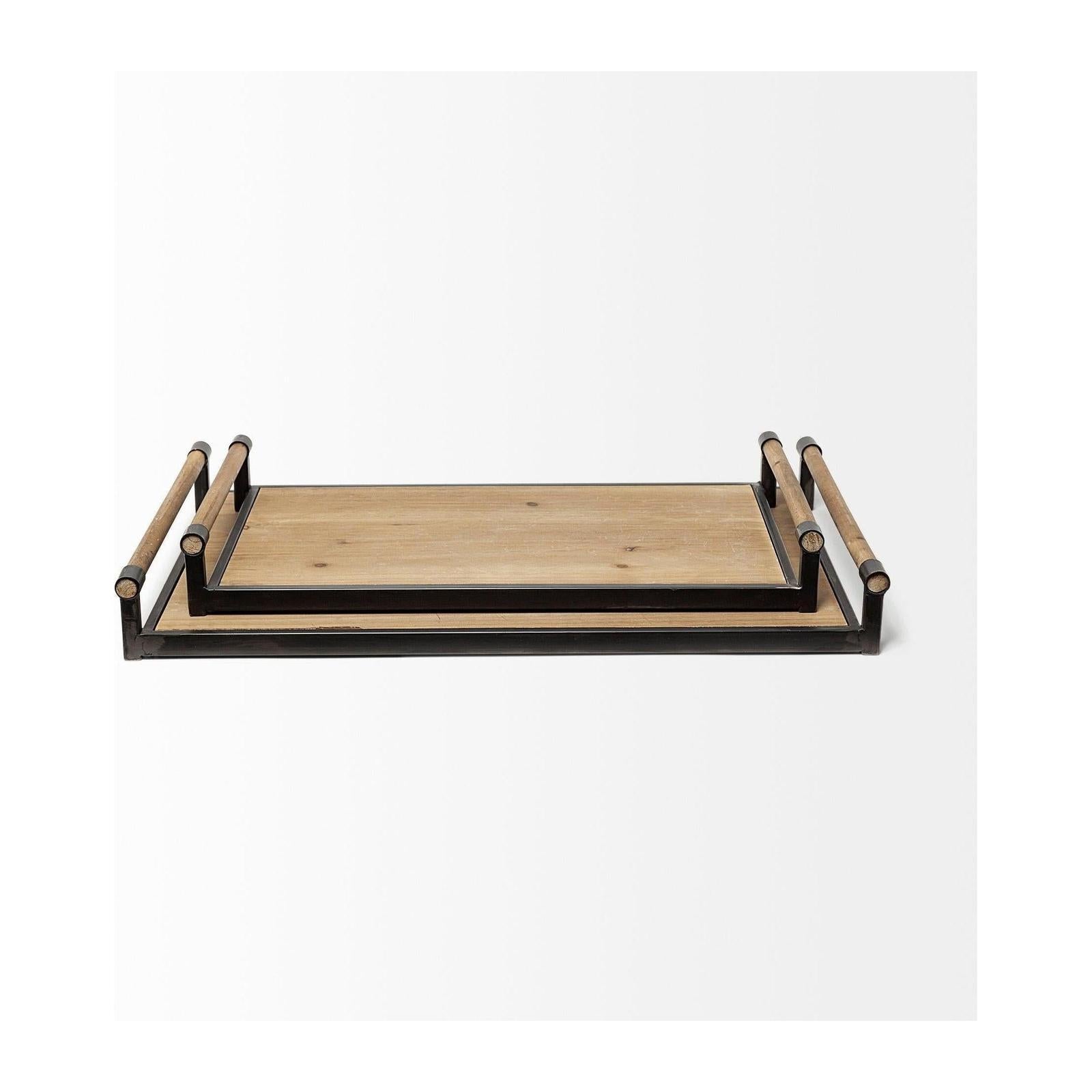 Mercana Benson Brown Wood Black Metal Trays- Set of 2