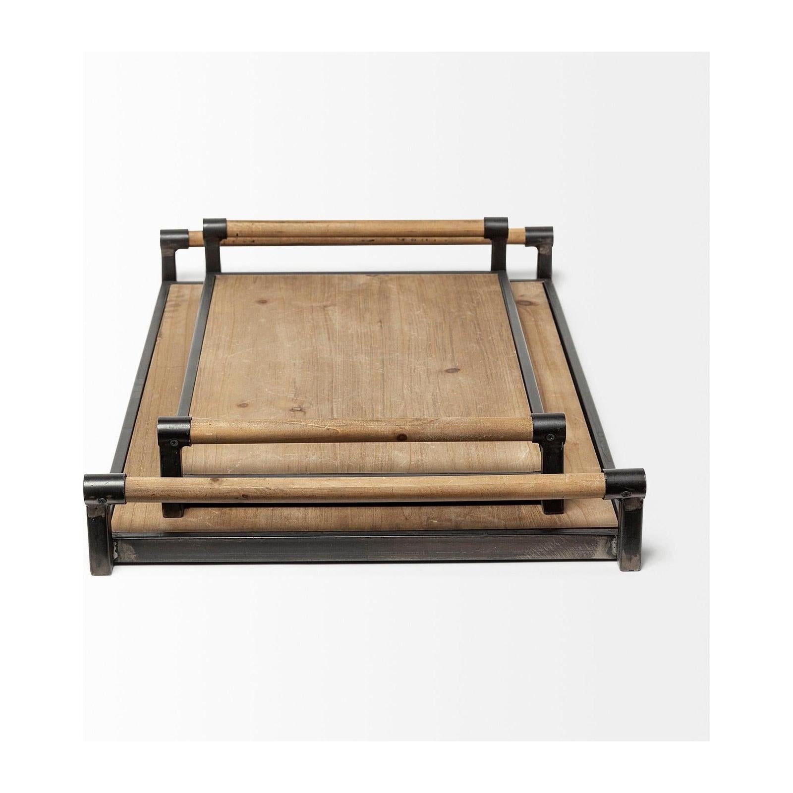 Mercana Benson Brown Wood Black Metal Trays- Set of 2