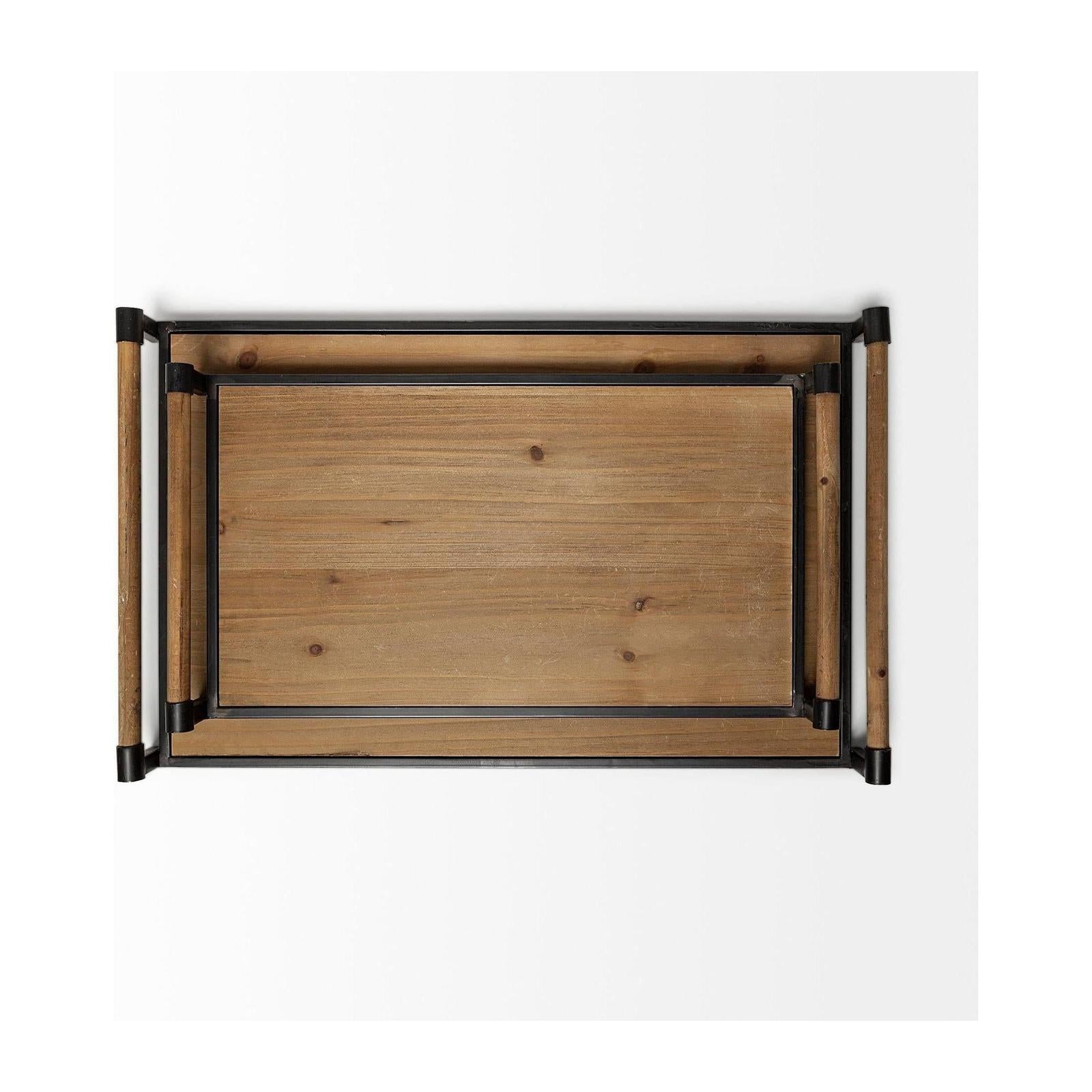 Mercana Benson Brown Wood Black Metal Trays- Set of 2