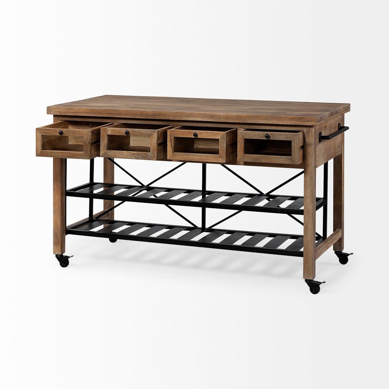Mercana Stuart I Brown Solid Wood Top Two-Tier Black Metal Rolling Kitchen Island