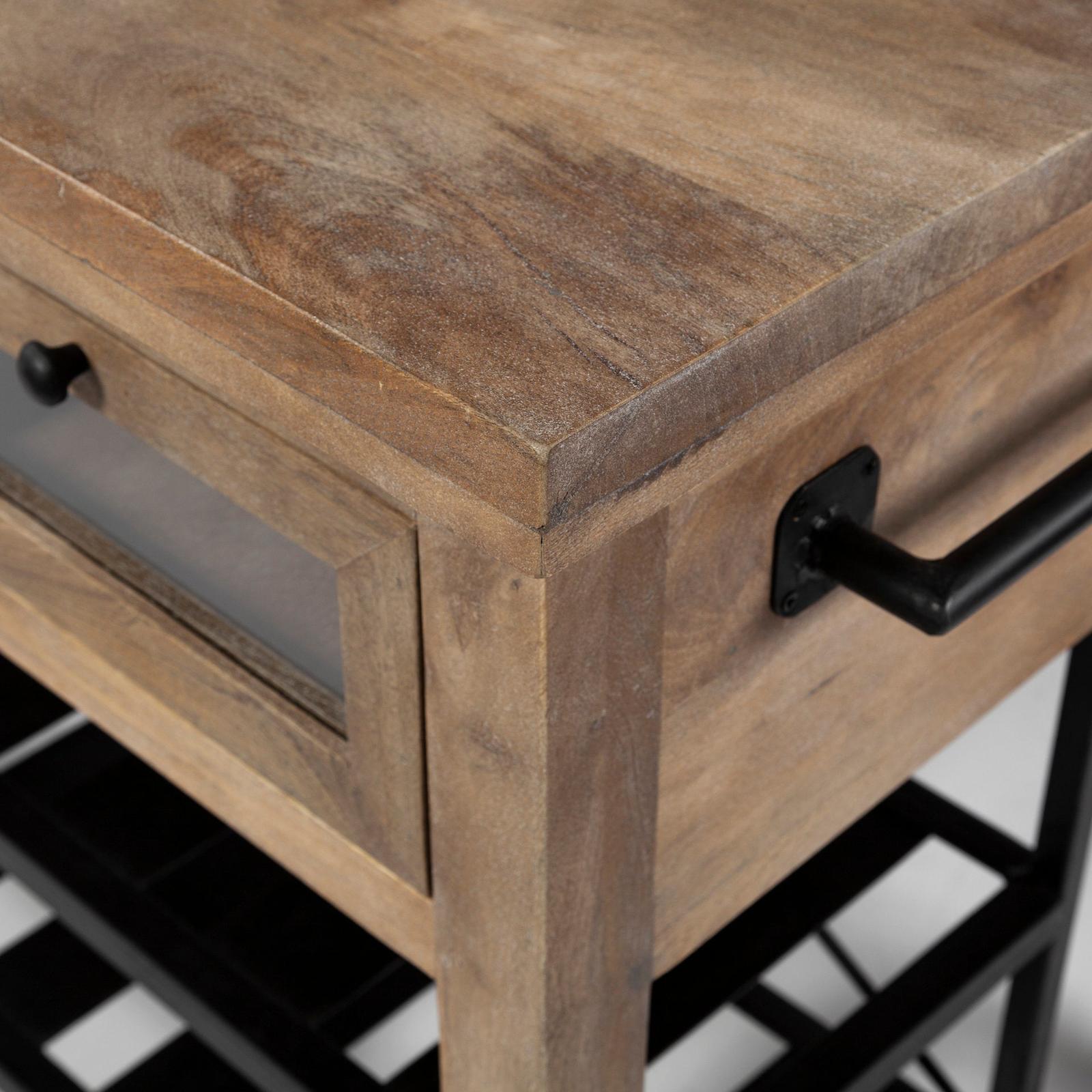 Mercana Stuart I Brown Solid Wood Top Two-Tier Black Metal Rolling Kitchen Island