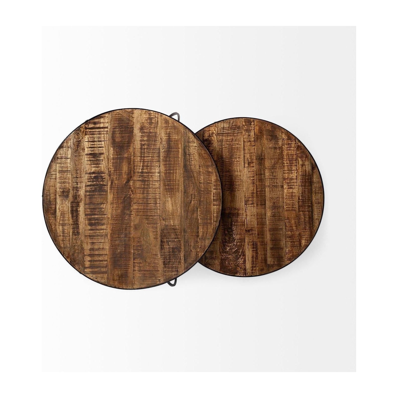 Mercana Clapp Round Brown Wood Top Black Iron Base Nesting Coffee Tables- Set of 2 Clearance
