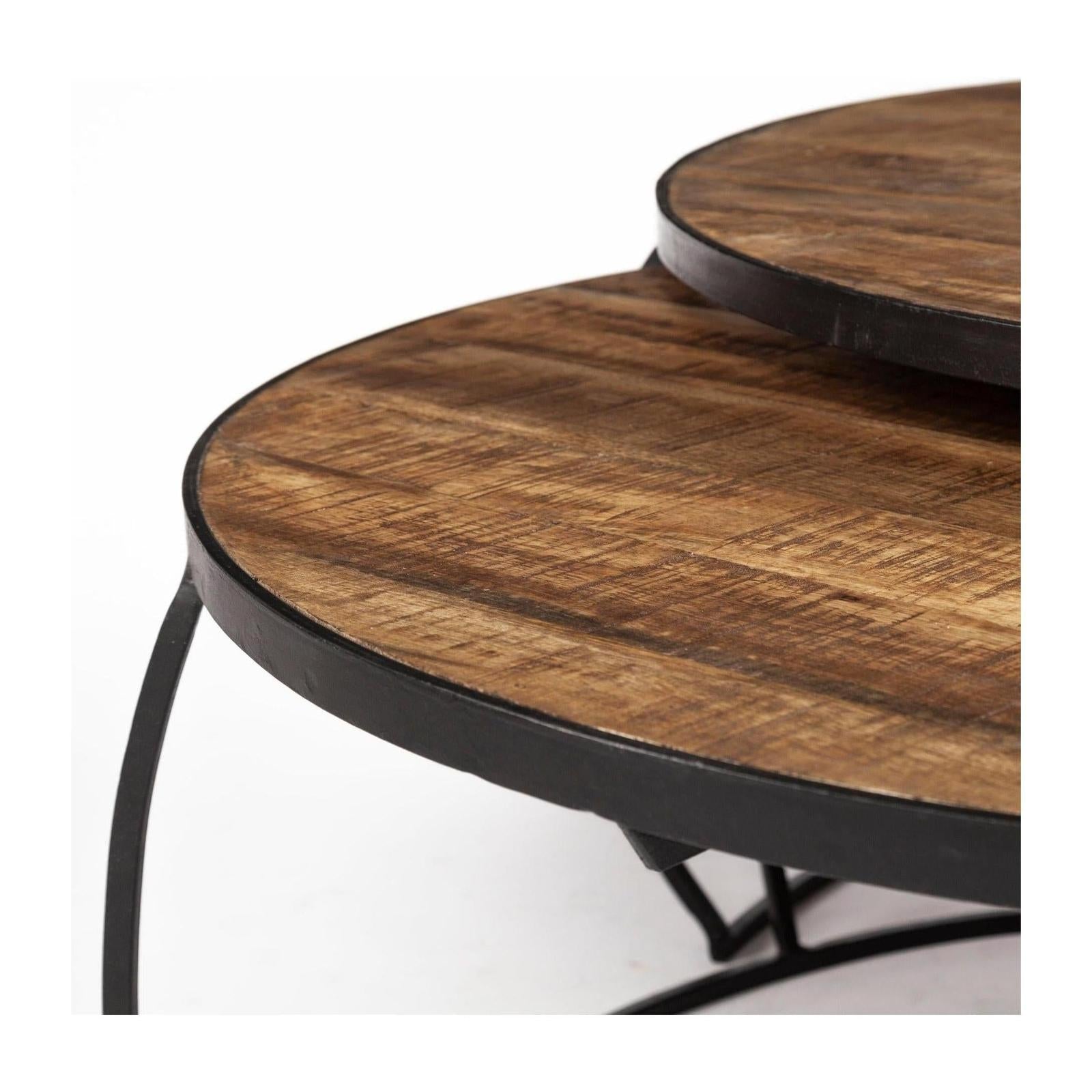 Mercana Clapp Round Brown Wood Top Black Iron Base Nesting Coffee Tables- Set of 2 Clearance