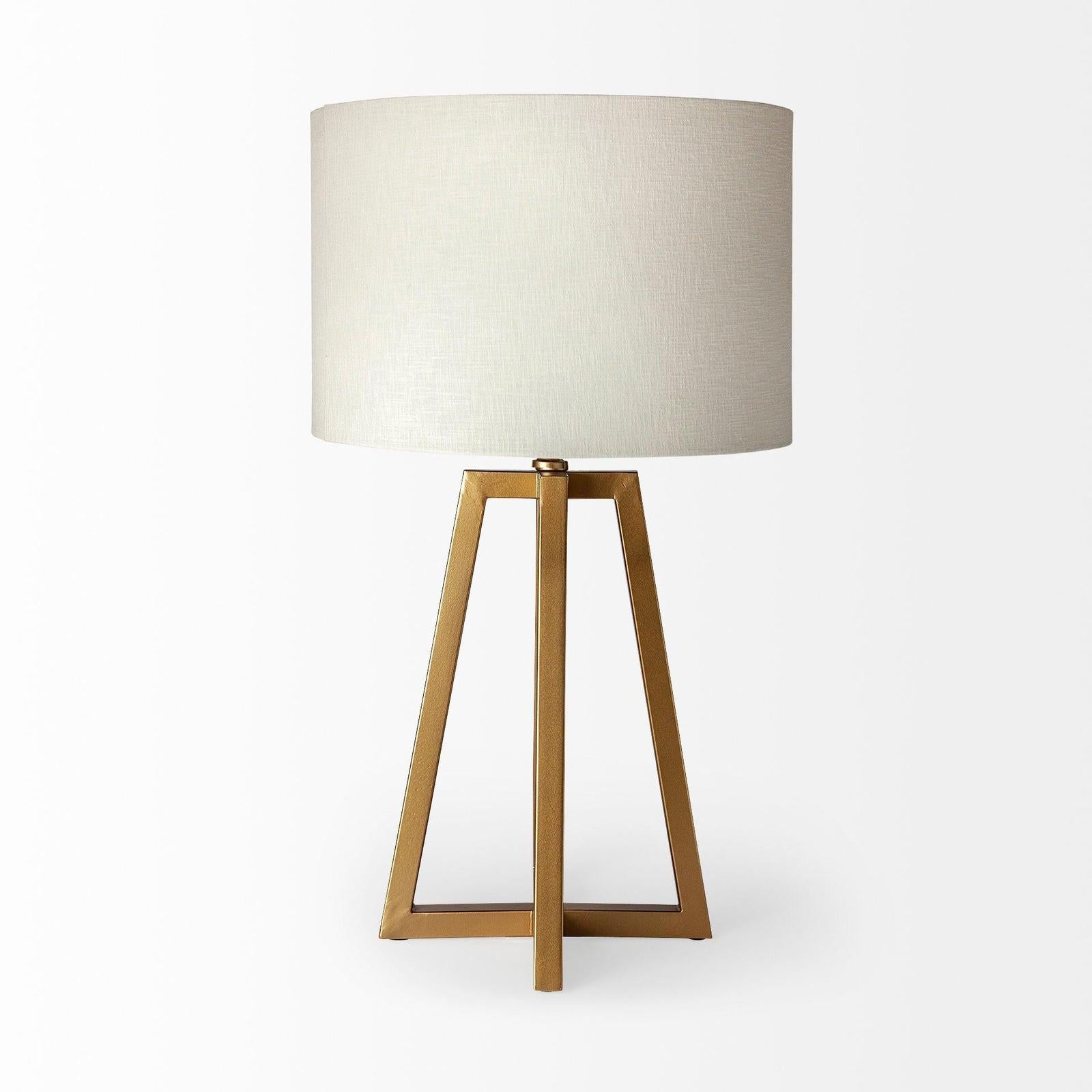 Mercana Raelynn White-Linen Drum Shade w/ Gold Metal Frame Table Lamp