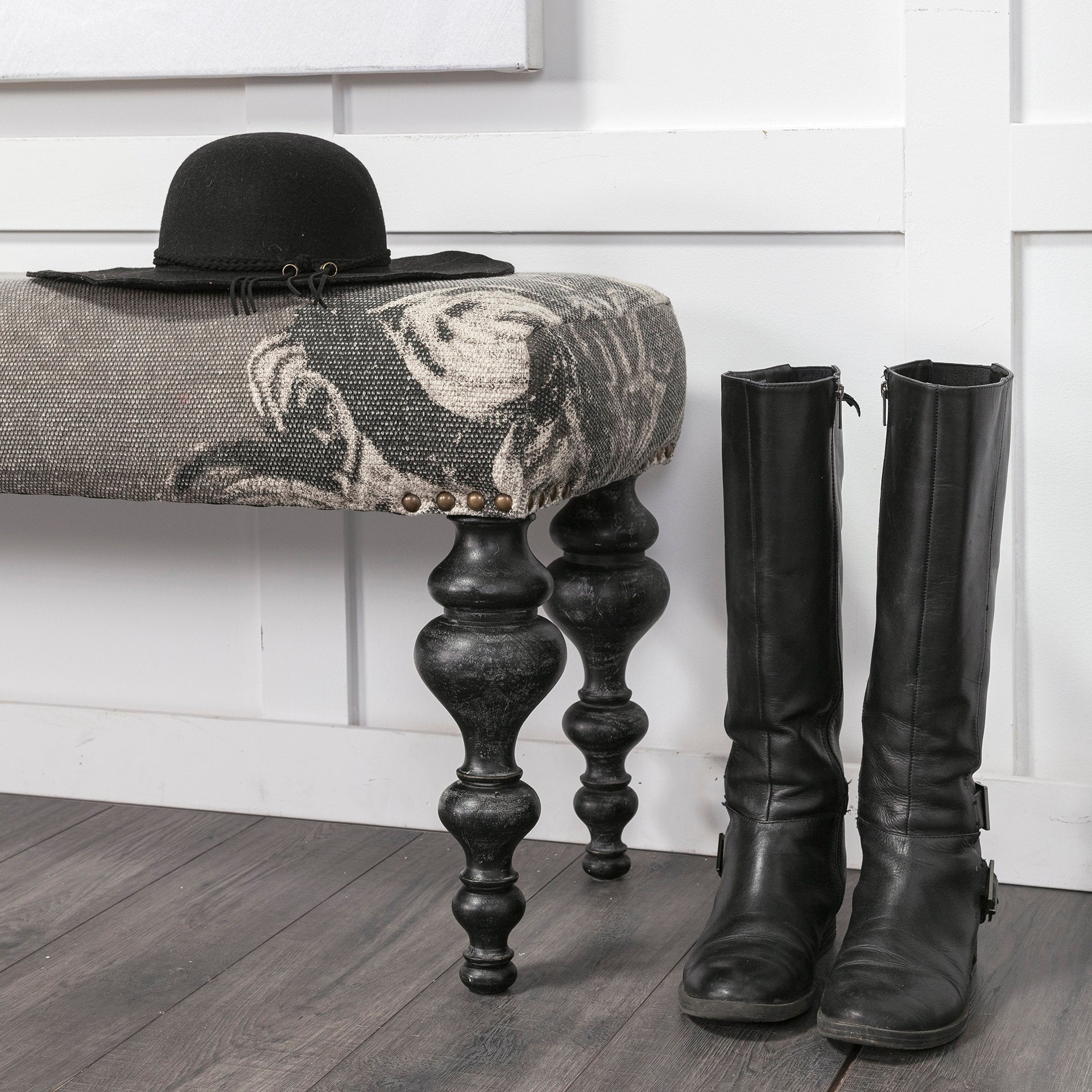 Mercana Alhambra  Upholstered Gray Seat W/Black Wood Legs Accent Bench