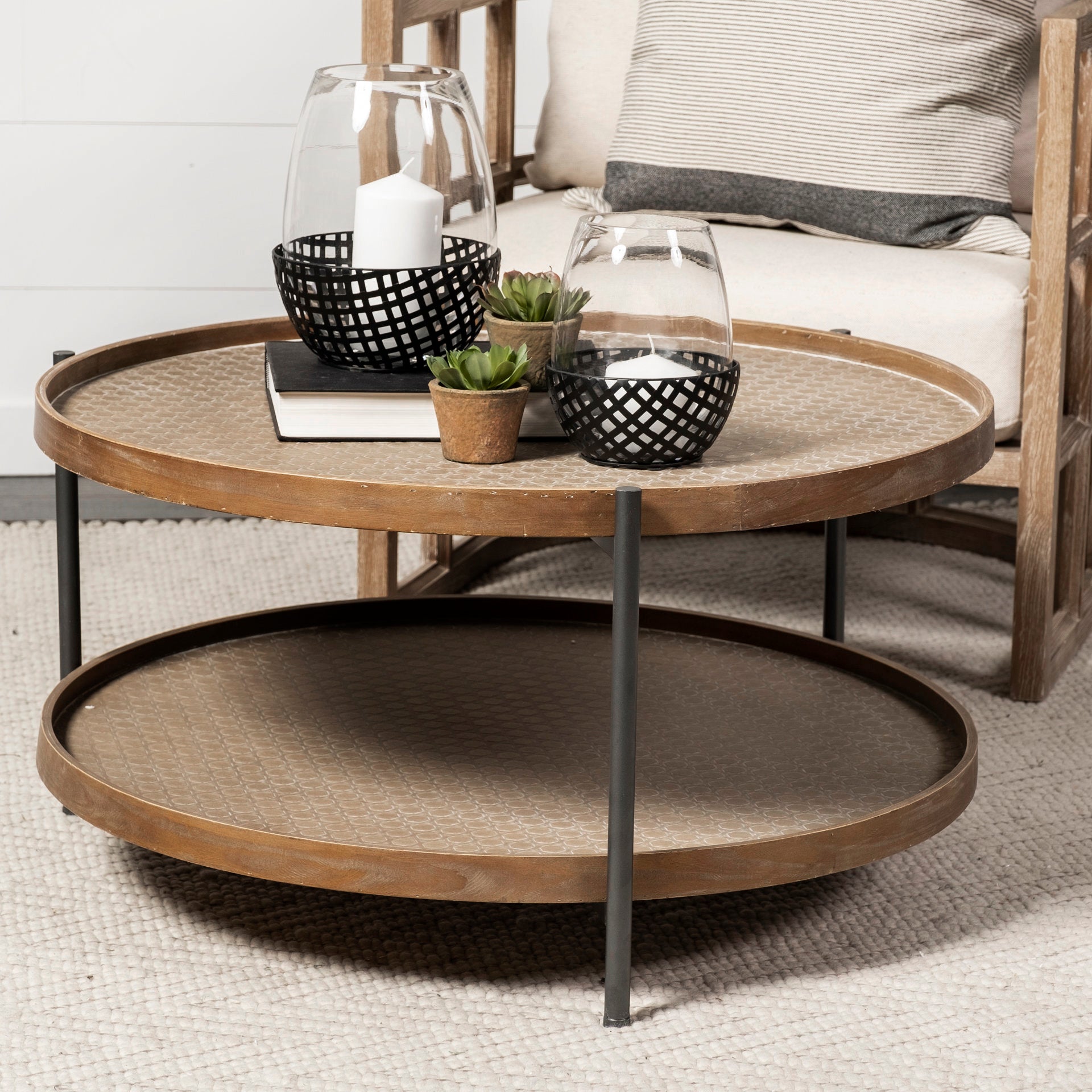 Mercana Kade Round Brown Table Gray Metal Frame Two-Tier Coffee Table