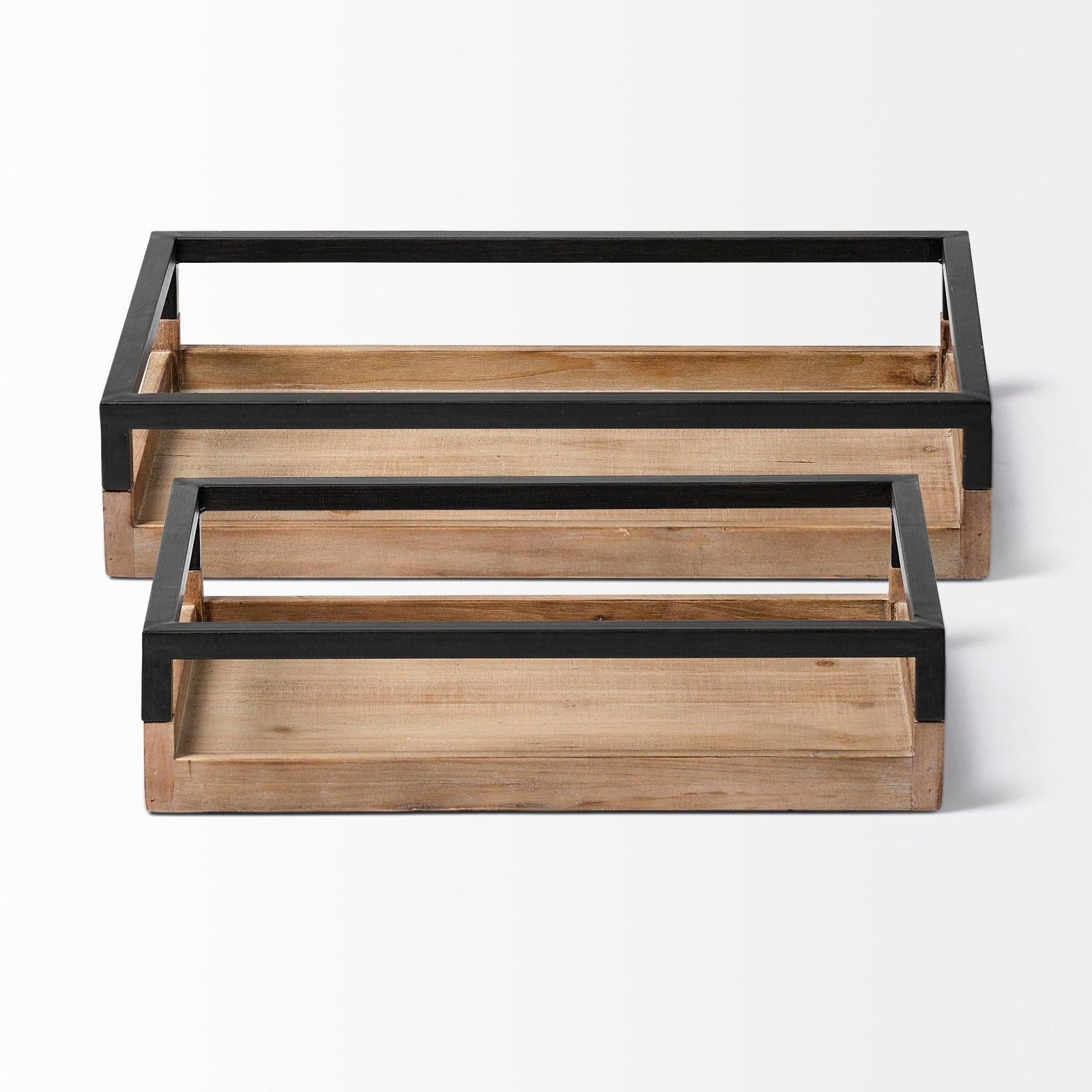 Mercana Ross Natural Wood W/ Black Metal Nesting Trays- Set of 2 Clearance