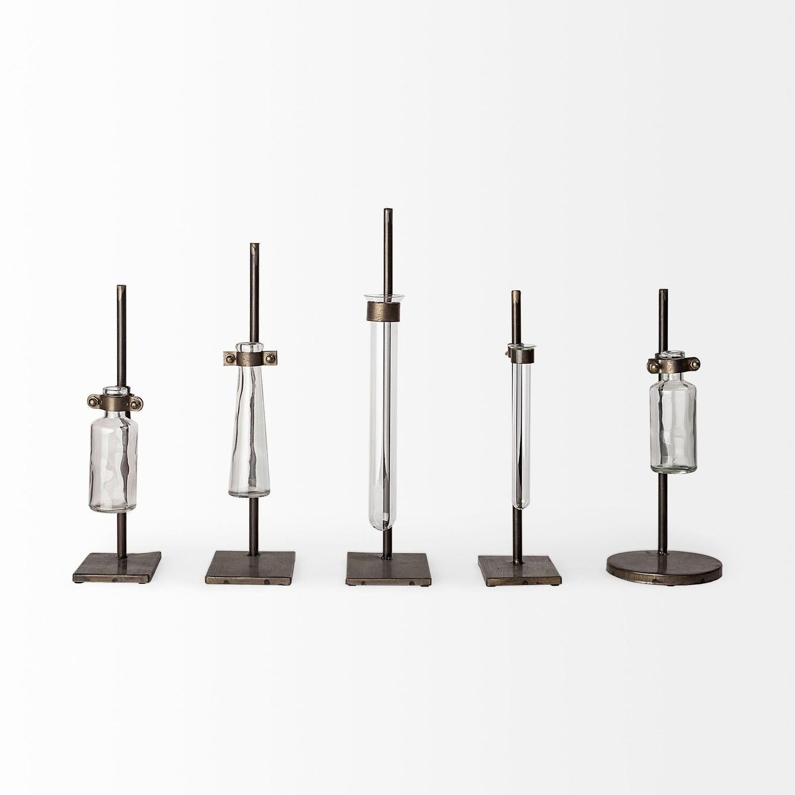 Mercana Jarvis Dark Brown Metal and Glass Chemistry Inspired Bottles-Setof 5