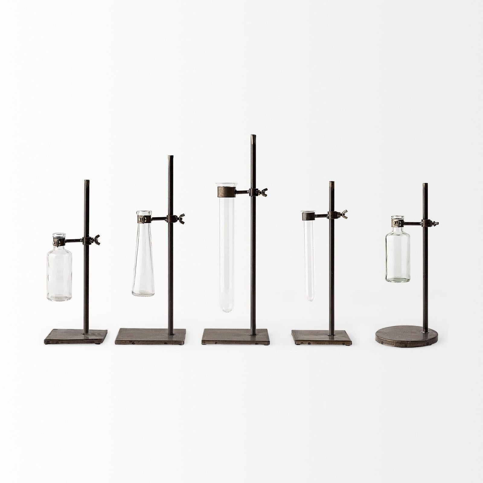 Mercana Jarvis Dark Brown Metal and Glass Chemistry Inspired Bottles-Setof 5